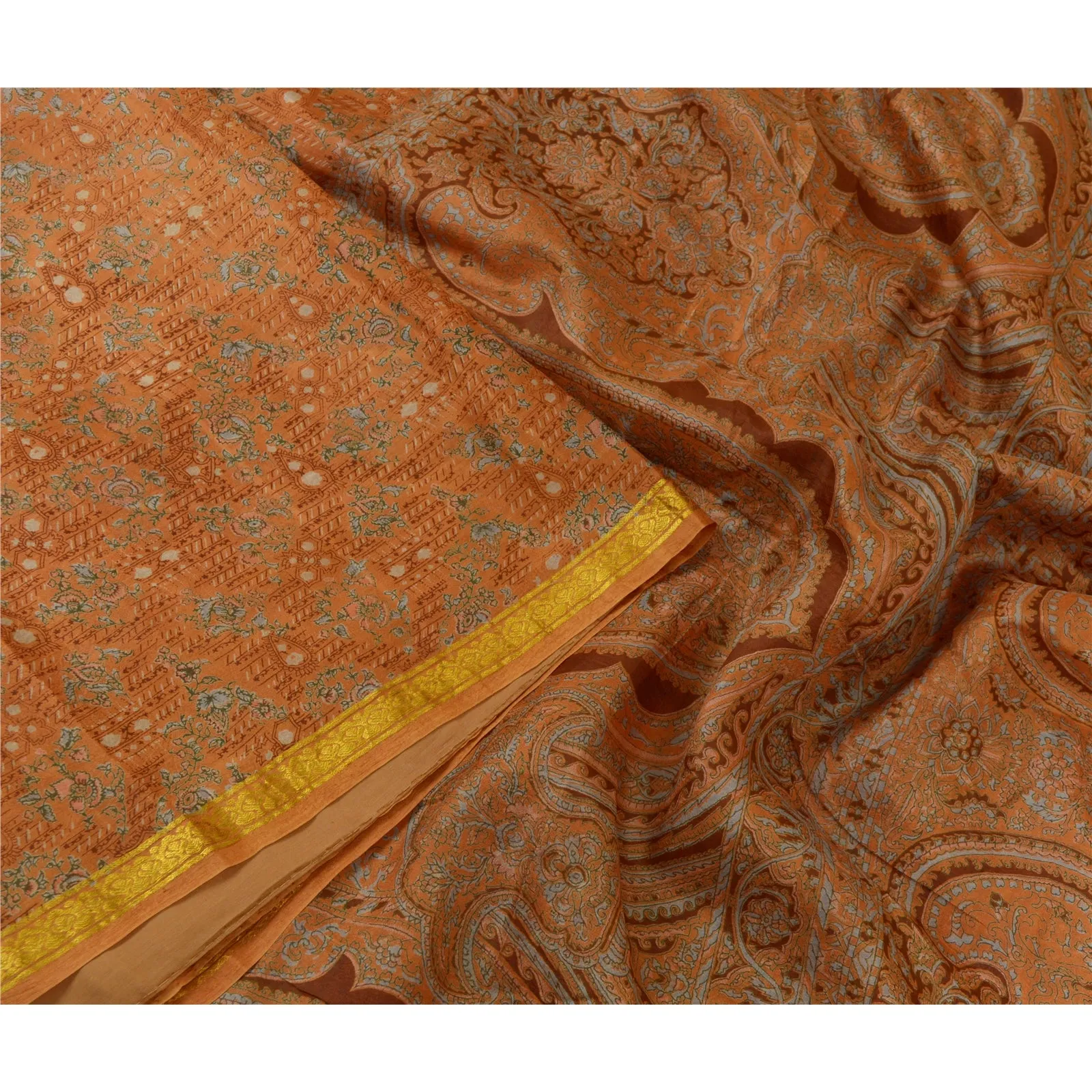 Sanskriti Vintage Sarees Brown Zari Border Pure Silk Printed Sari Craft Fabric