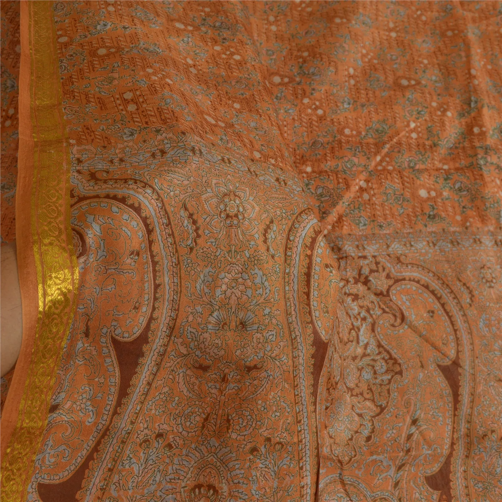 Sanskriti Vintage Sarees Brown Zari Border Pure Silk Printed Sari Craft Fabric