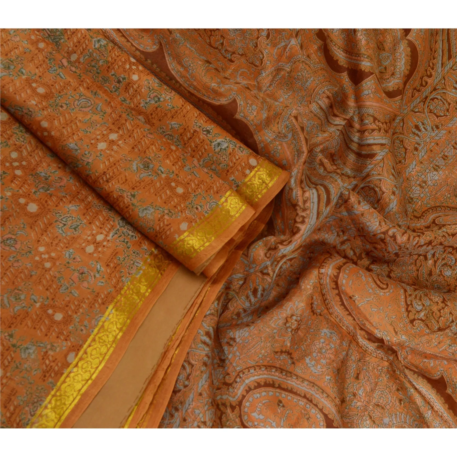 Sanskriti Vintage Sarees Brown Zari Border Pure Silk Printed Sari Craft Fabric