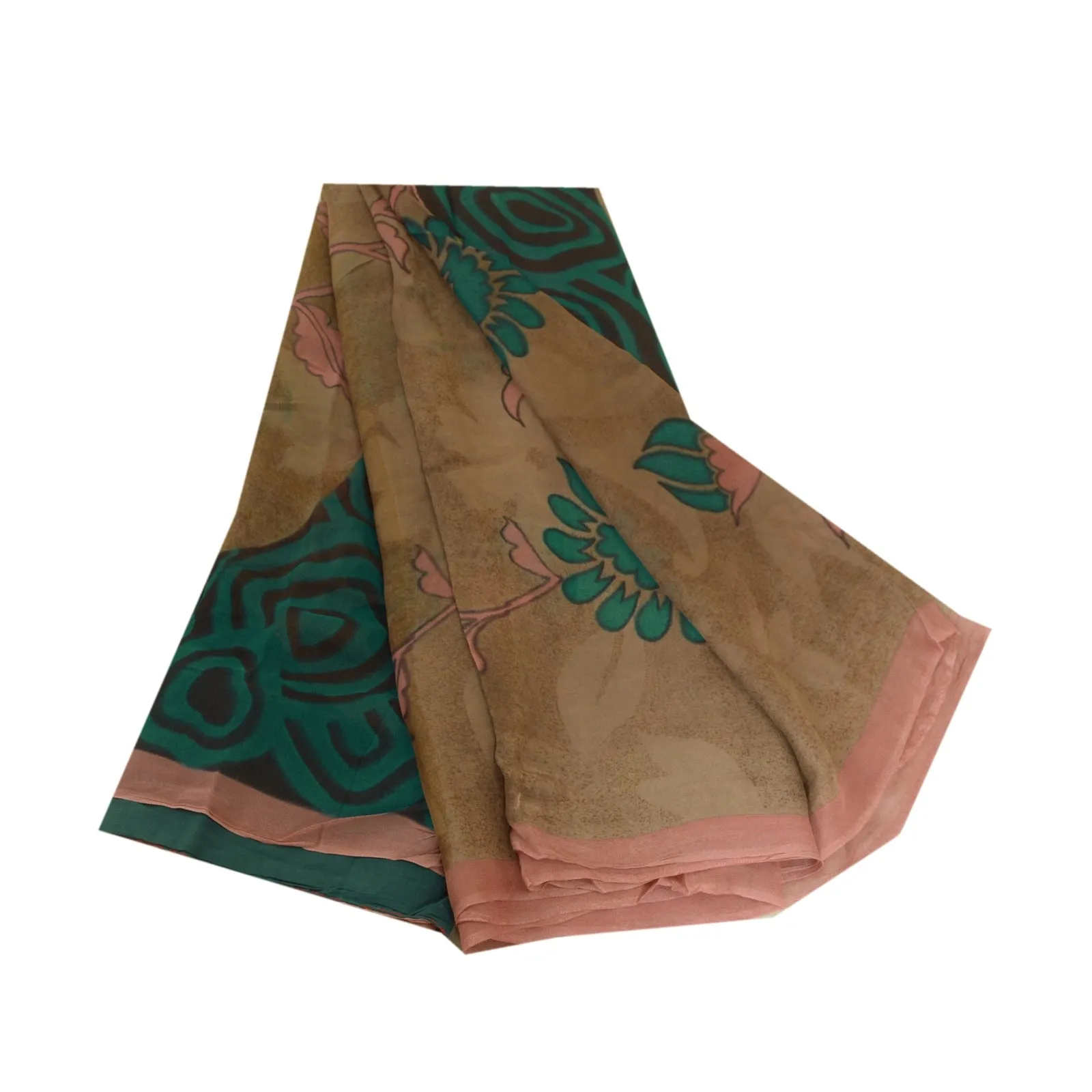 Sanskriti Vintage Sarees Brown/Green Pure Georgette Silk Print Sari Craft Fabric