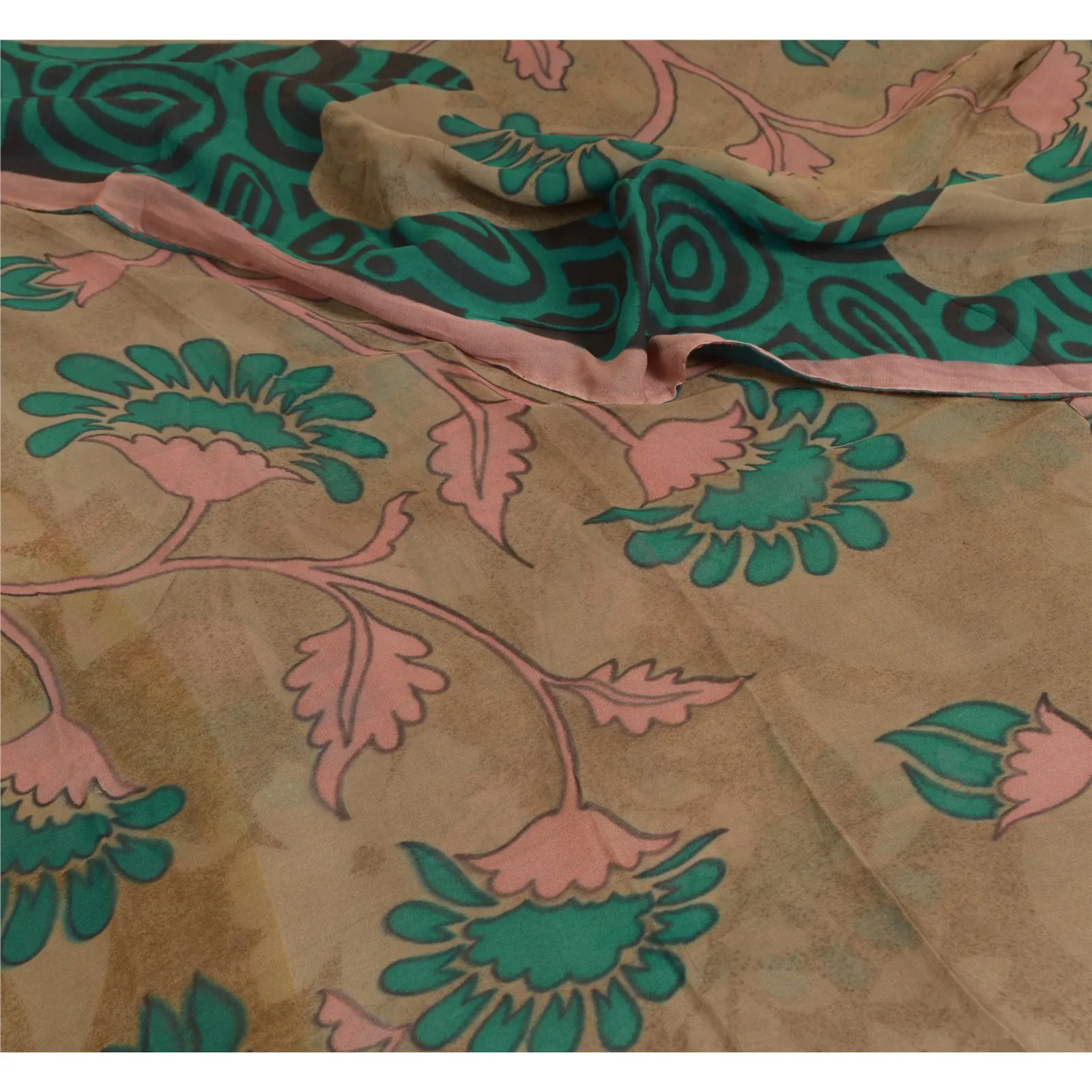 Sanskriti Vintage Sarees Brown/Green Pure Georgette Silk Print Sari Craft Fabric