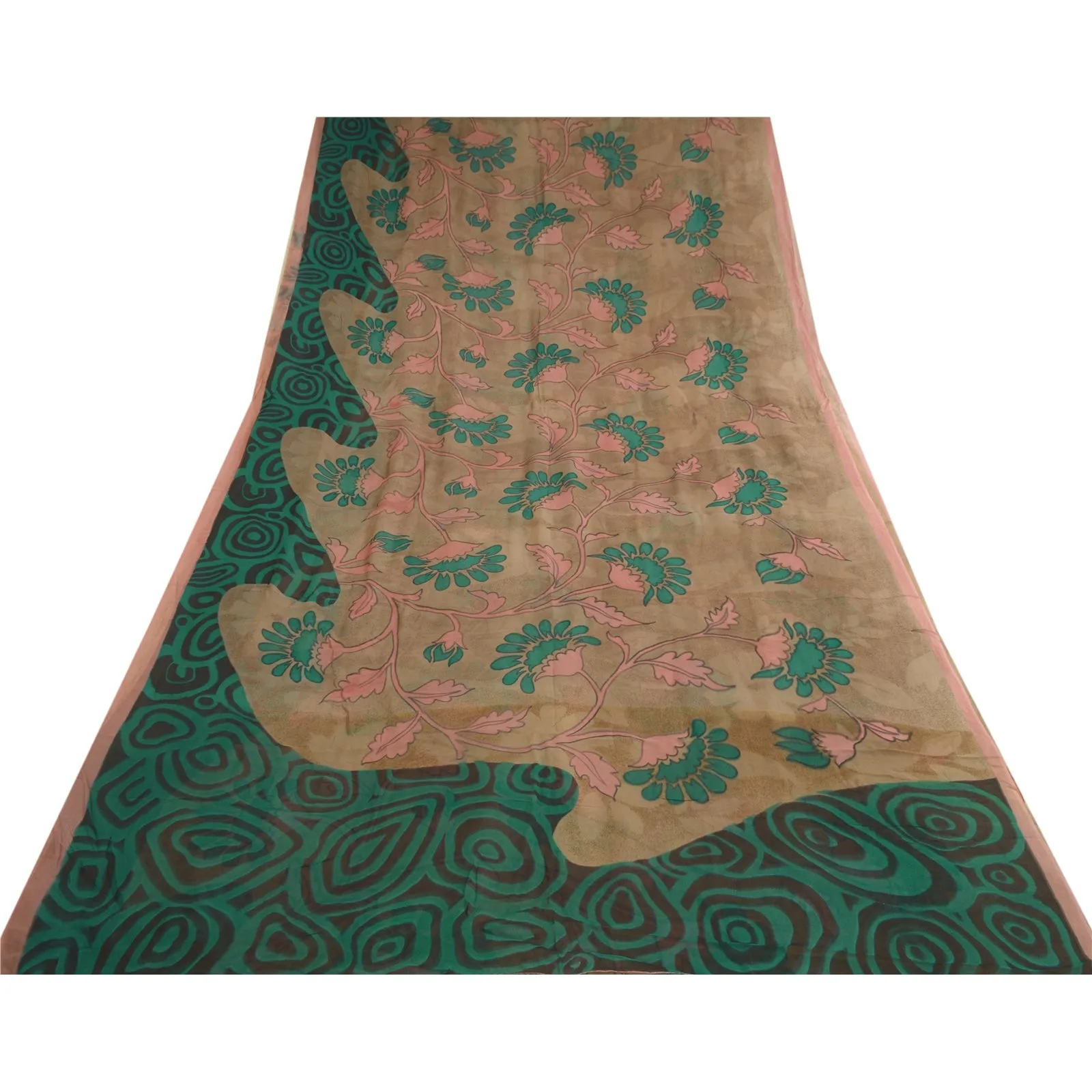 Sanskriti Vintage Sarees Brown/Green Pure Georgette Silk Print Sari Craft Fabric