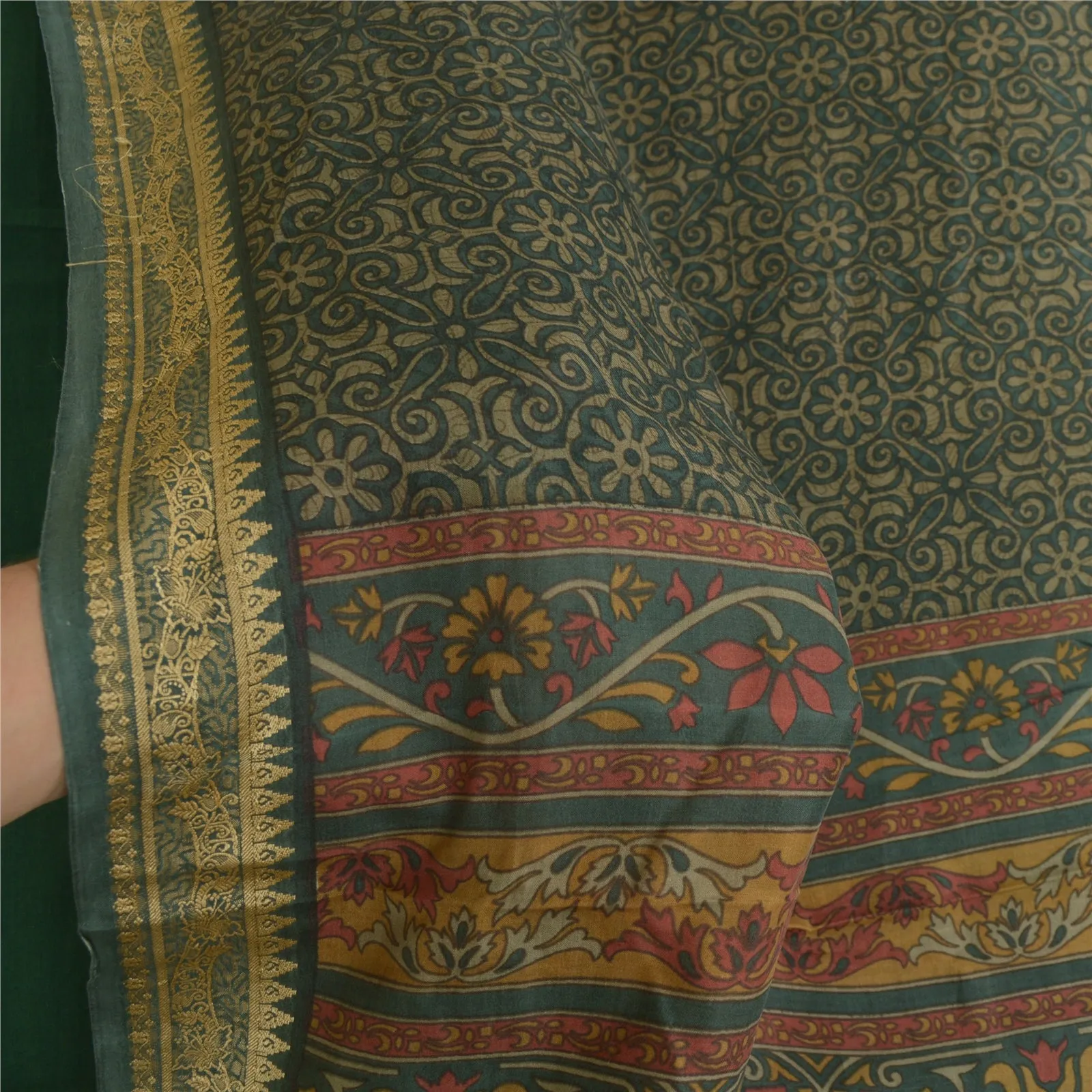 Sanskriti Vintage Sarees Green Zari Border Pure Silk Printed Sari Craft Fabric