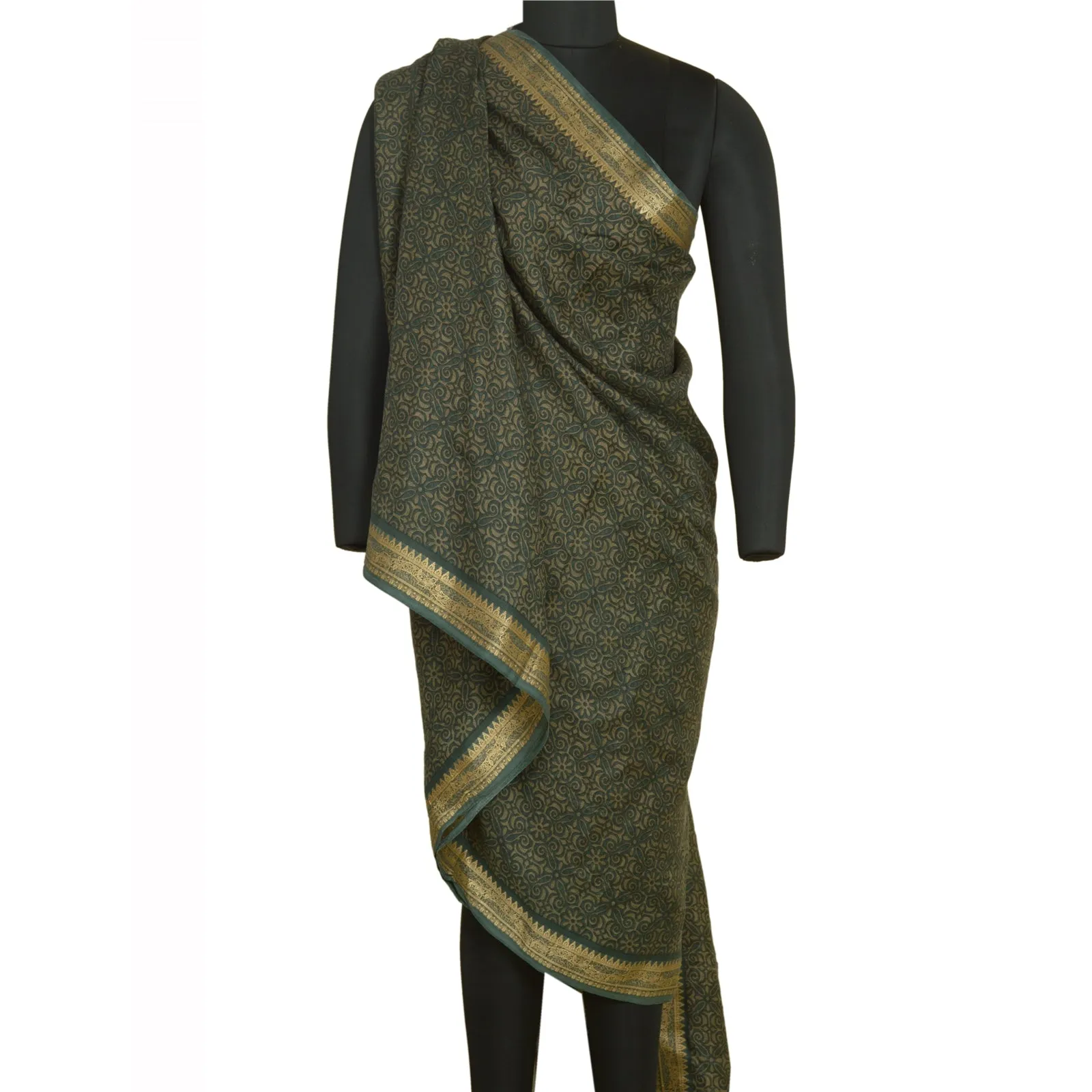 Sanskriti Vintage Sarees Green Zari Border Pure Silk Printed Sari Craft Fabric