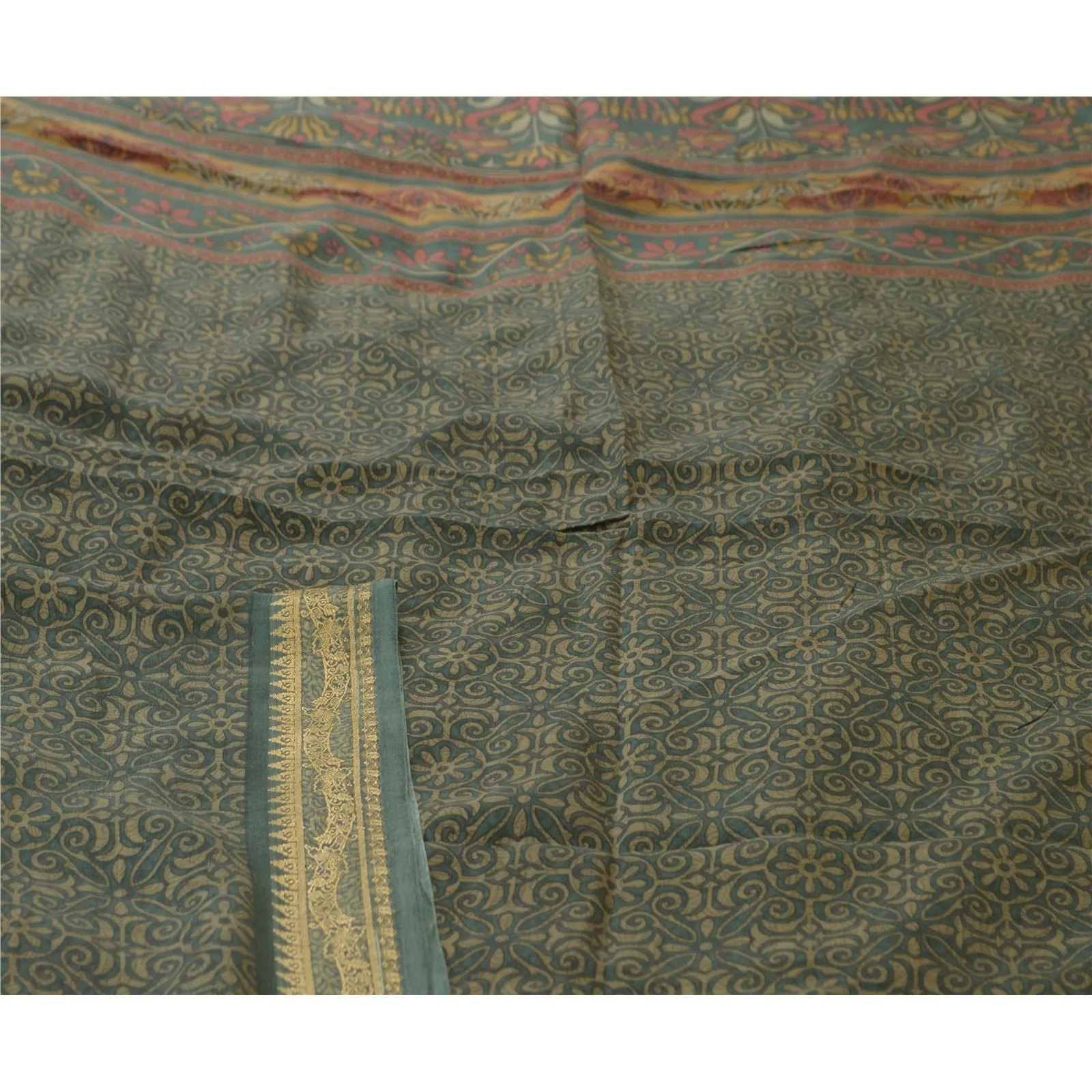 Sanskriti Vintage Sarees Green Zari Border Pure Silk Printed Sari Craft Fabric