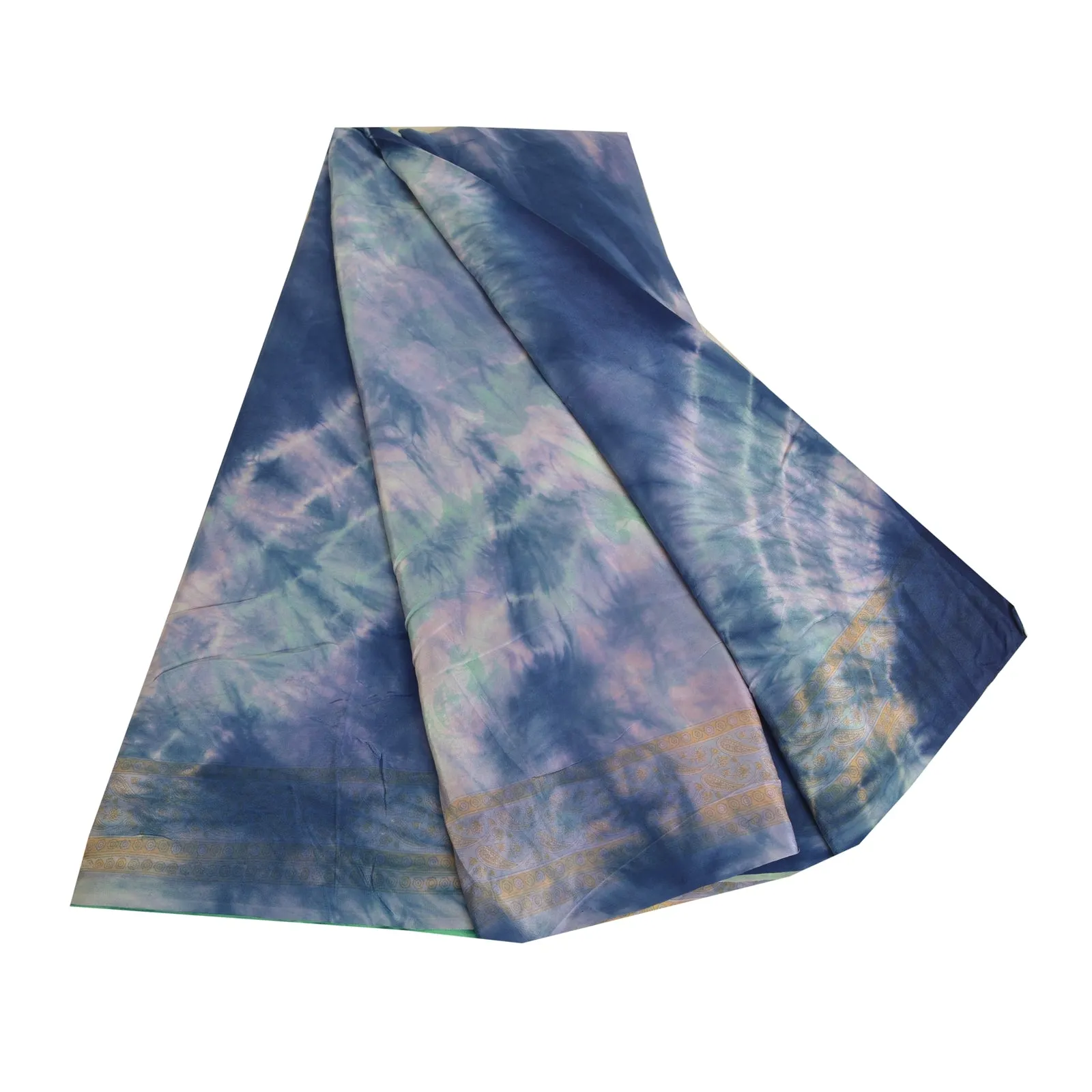 Sanskriti Vintage Sarees Indian Blue Tie-Dye Pure Crepe Silk Sari Craft Fabric