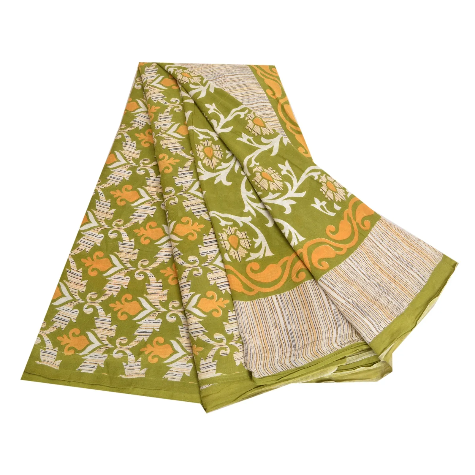 Sanskriti Vintage Sarees Indian Green Pure Cotton Printed Sari 5yd Craft Fabric