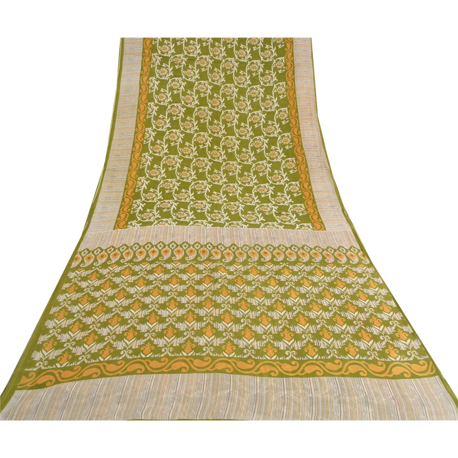 Sanskriti Vintage Sarees Indian Green Pure Cotton Printed Sari 5yd Craft Fabric