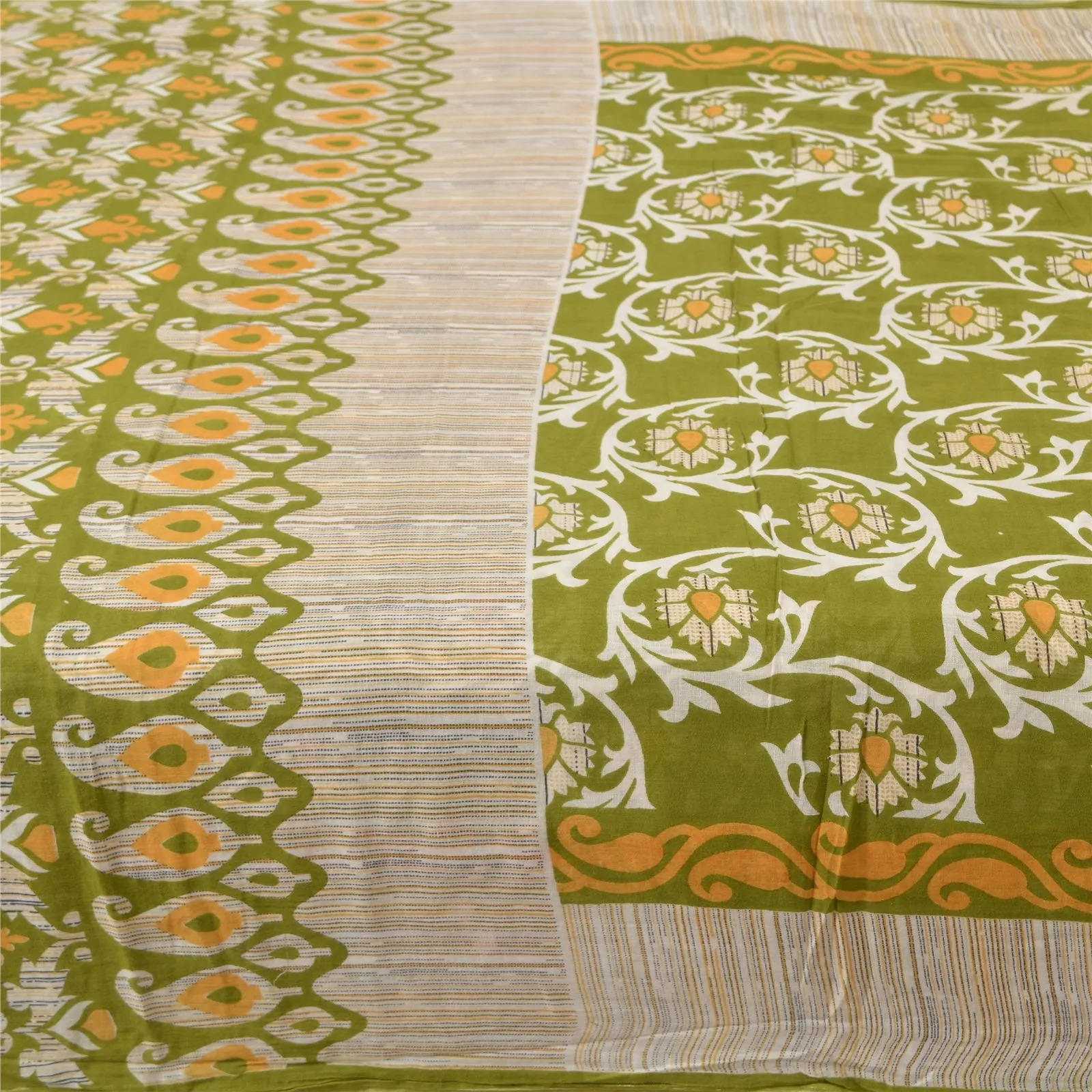 Sanskriti Vintage Sarees Indian Green Pure Cotton Printed Sari 5yd Craft Fabric