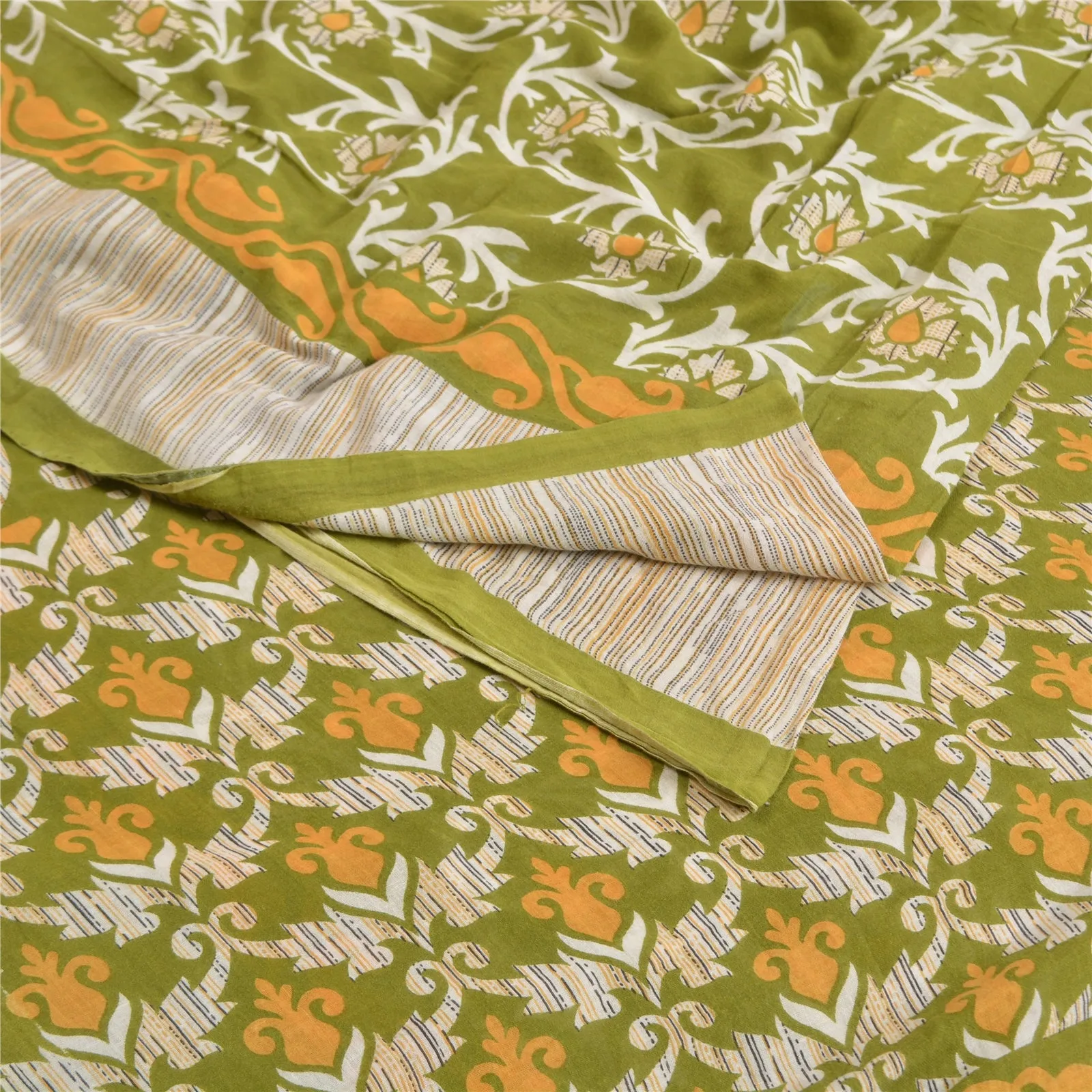 Sanskriti Vintage Sarees Indian Green Pure Cotton Printed Sari 5yd Craft Fabric