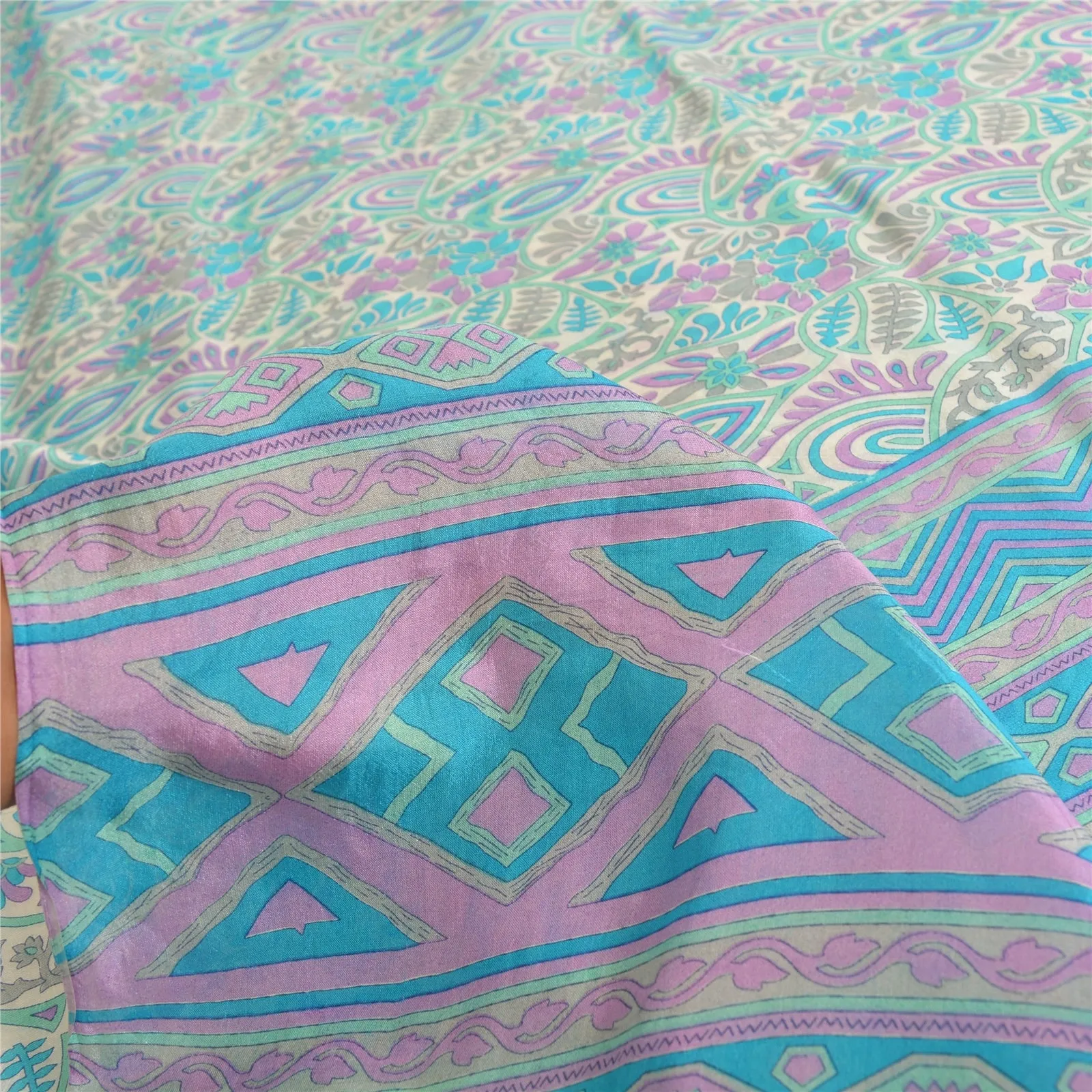 Sanskriti Vintage Sarees Indian Multi Pure Silk Printed Sari 6yd Craft Fabric