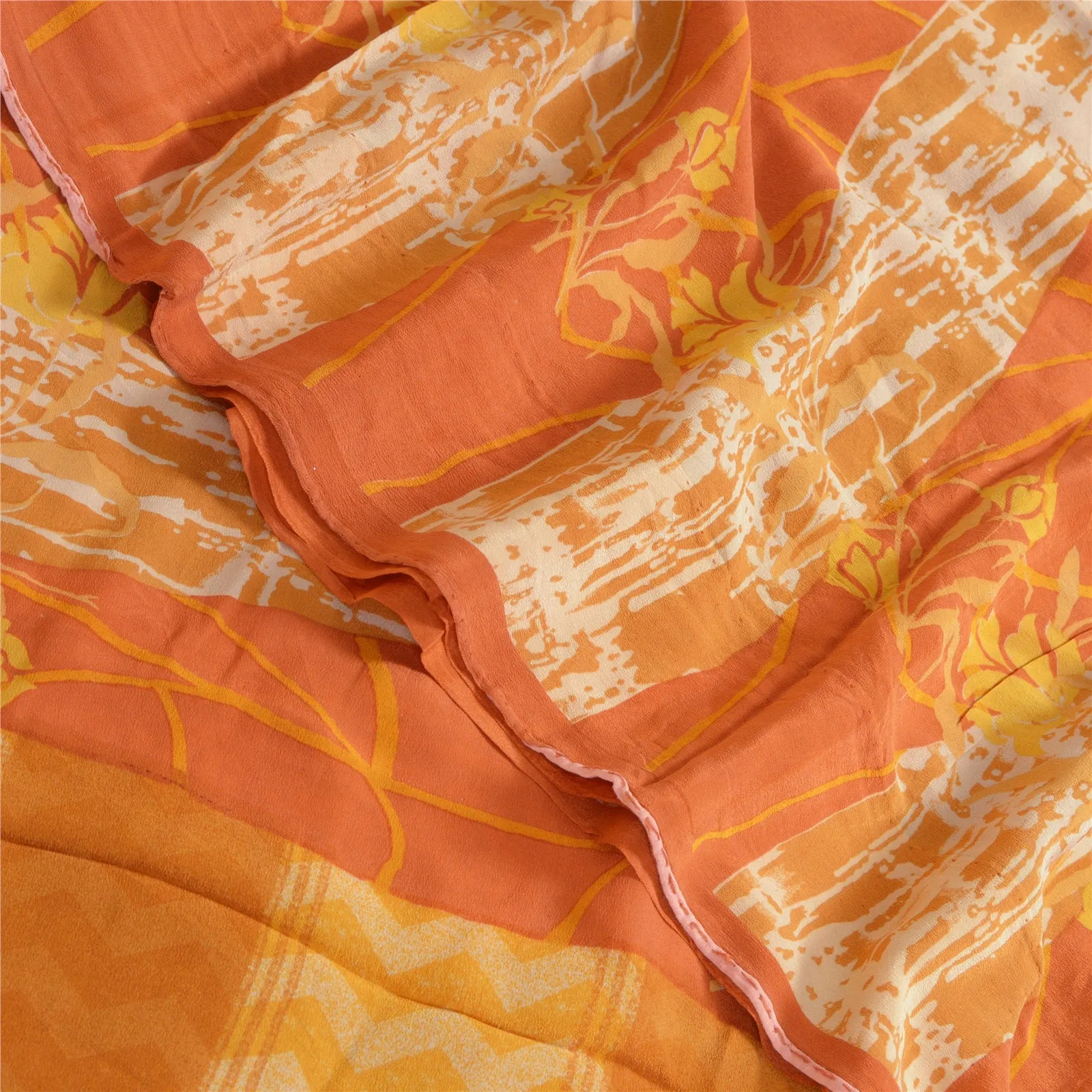 Sanskriti Vintage Sarees Indian Orange Pure Crepe Silk Printed Sari Craft Fabric