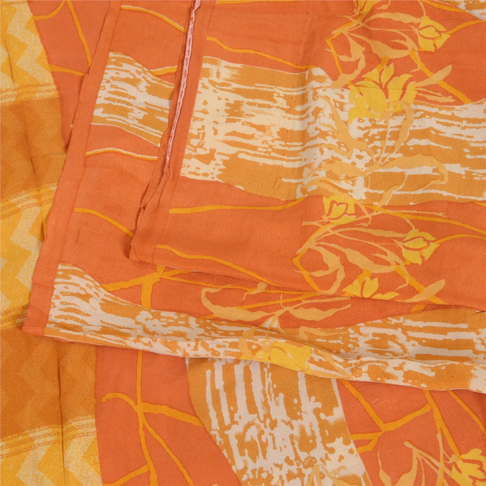 Sanskriti Vintage Sarees Indian Orange Pure Crepe Silk Printed Sari Craft Fabric