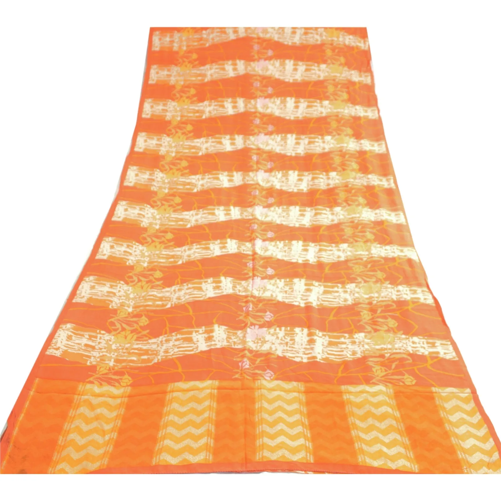 Sanskriti Vintage Sarees Indian Orange Pure Crepe Silk Printed Sari Craft Fabric