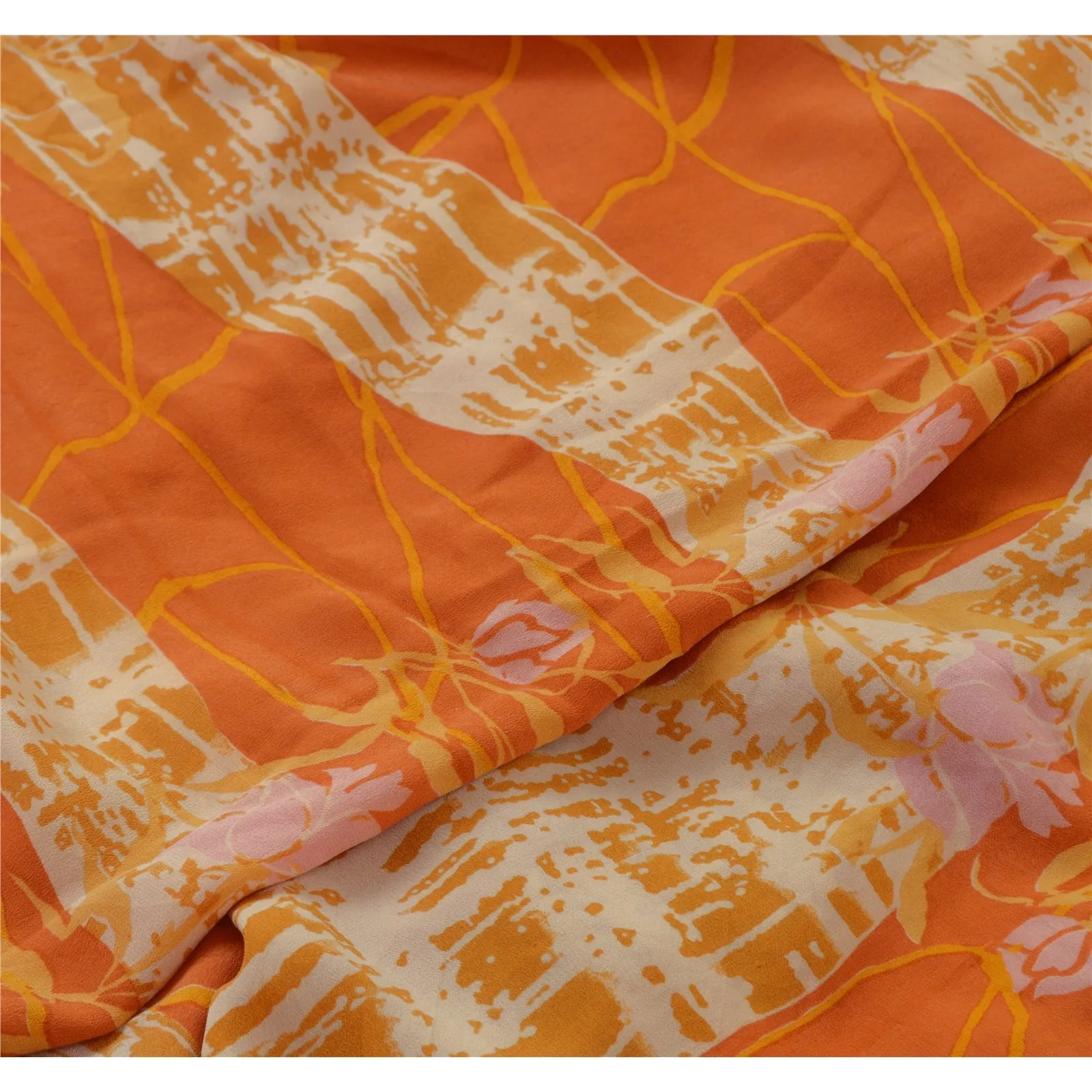 Sanskriti Vintage Sarees Indian Orange Pure Crepe Silk Printed Sari Craft Fabric