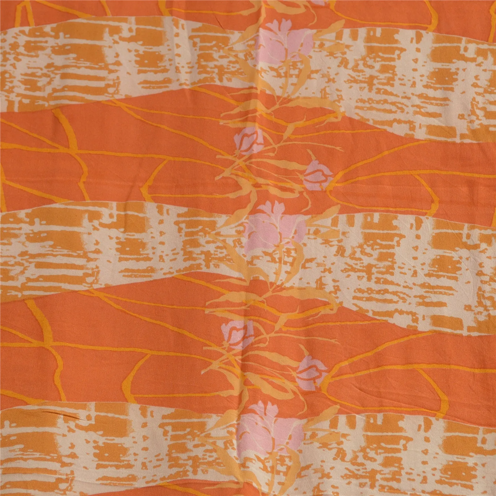 Sanskriti Vintage Sarees Indian Orange Pure Crepe Silk Printed Sari Craft Fabric