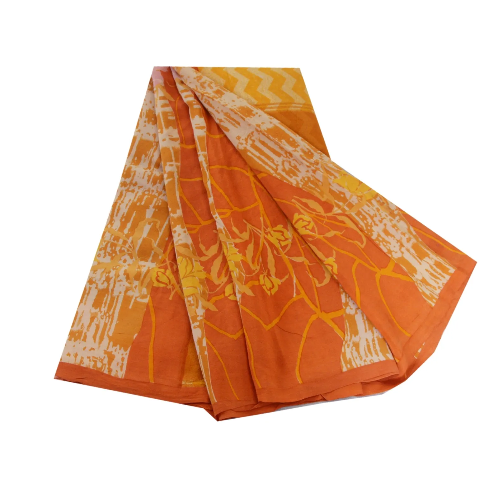 Sanskriti Vintage Sarees Indian Orange Pure Crepe Silk Printed Sari Craft Fabric