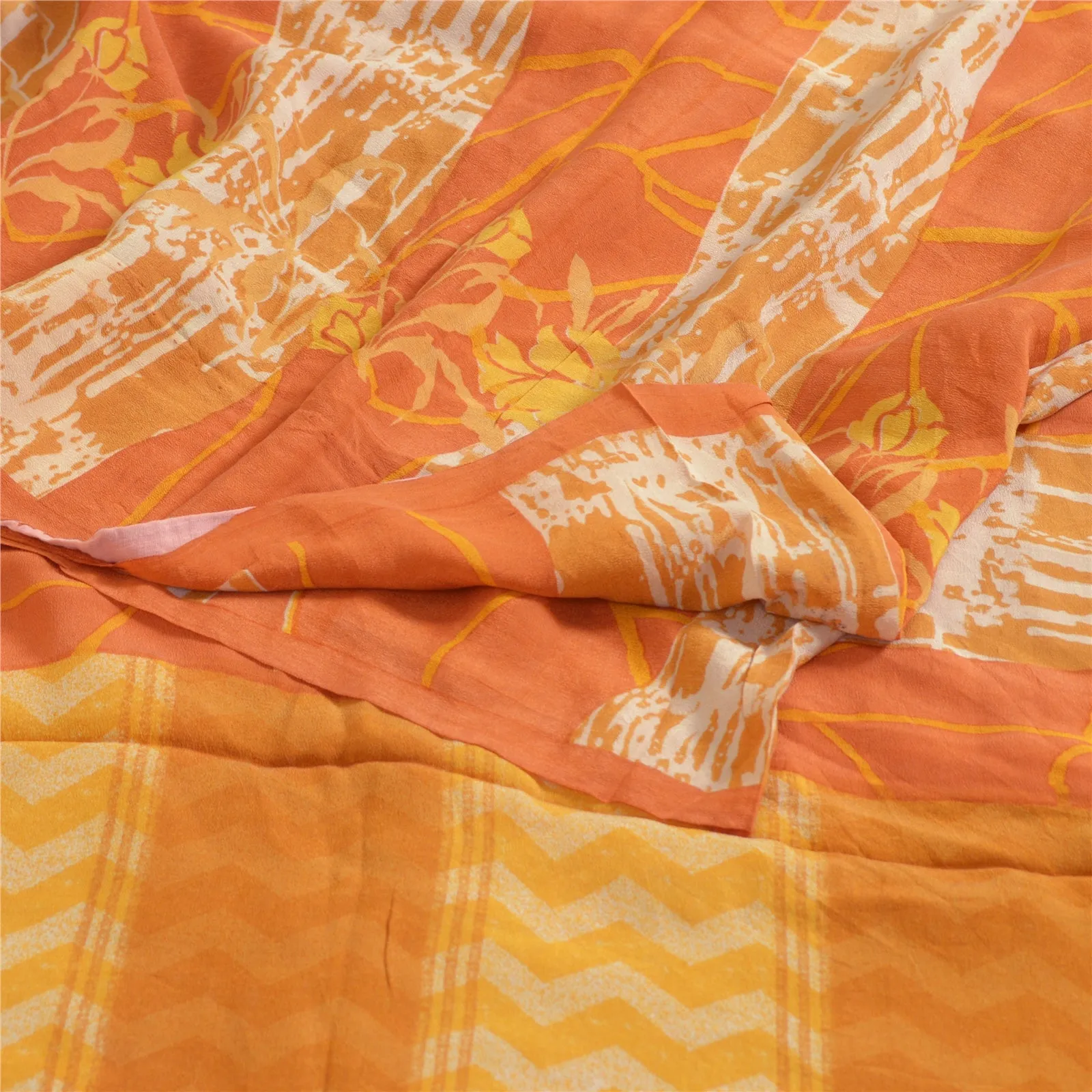 Sanskriti Vintage Sarees Indian Orange Pure Crepe Silk Printed Sari Craft Fabric