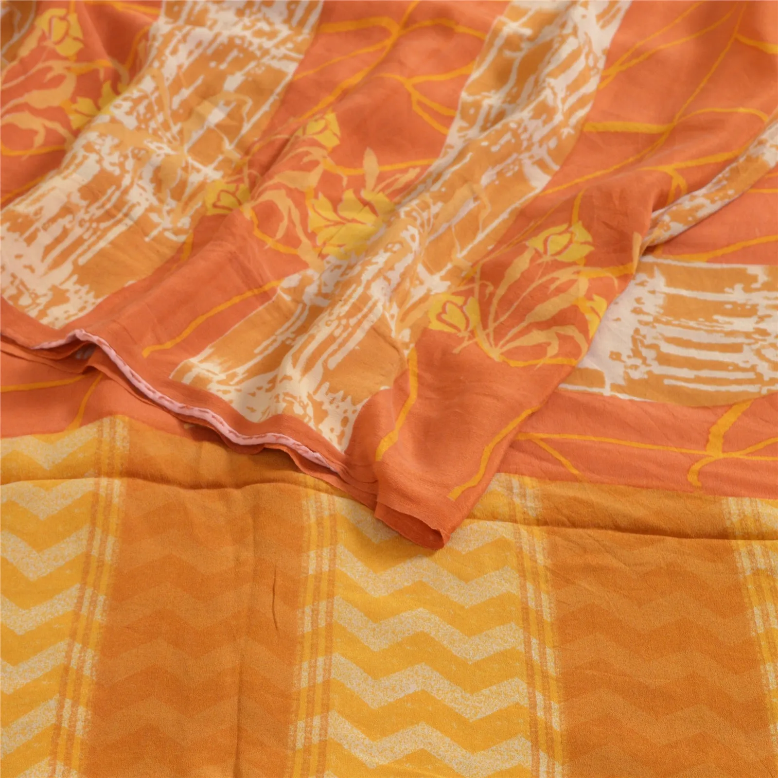 Sanskriti Vintage Sarees Indian Orange Pure Crepe Silk Printed Sari Craft Fabric