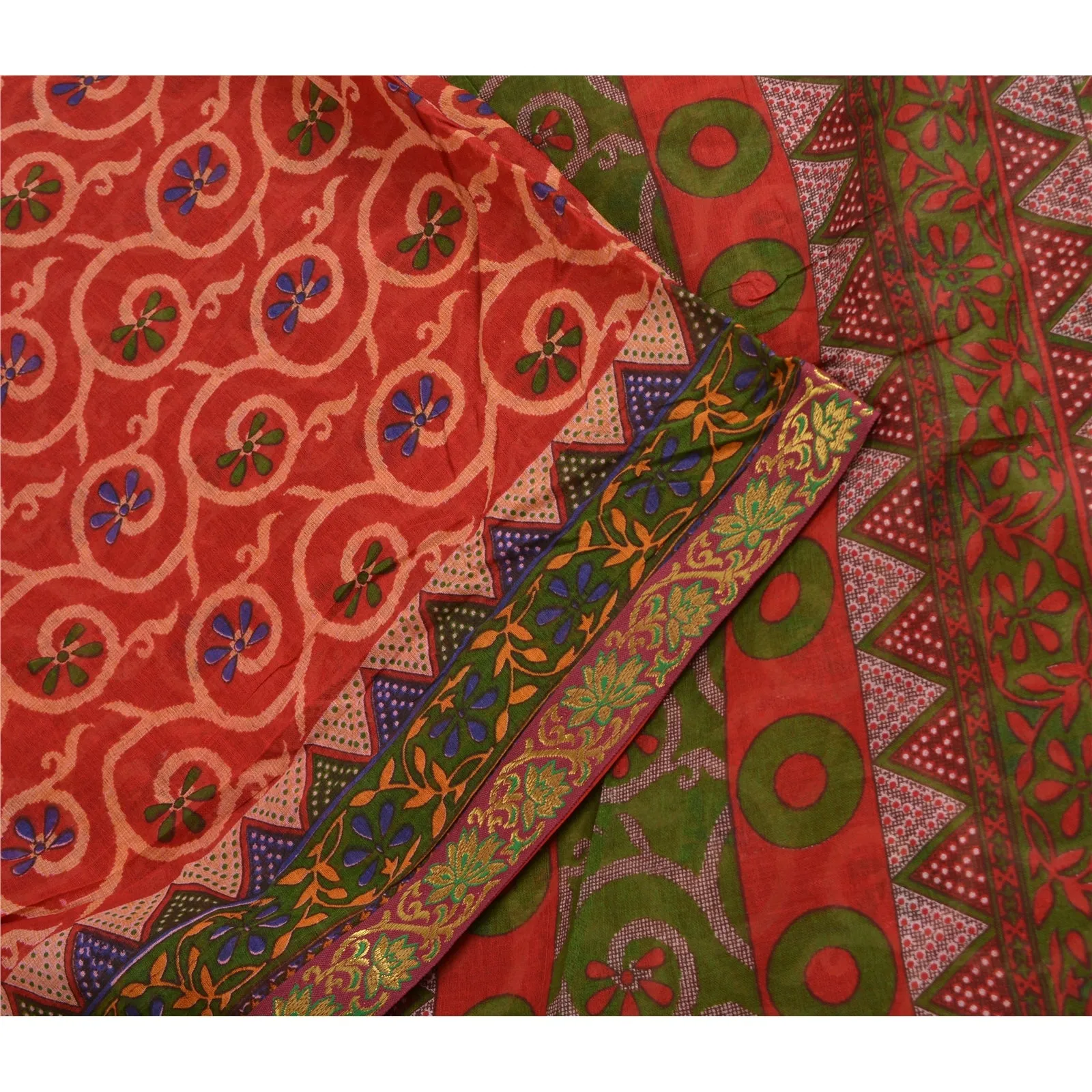 Sanskriti Vintage Sarees Indian Red Pure Cotton Printed Sari 5YD Craft Fabric