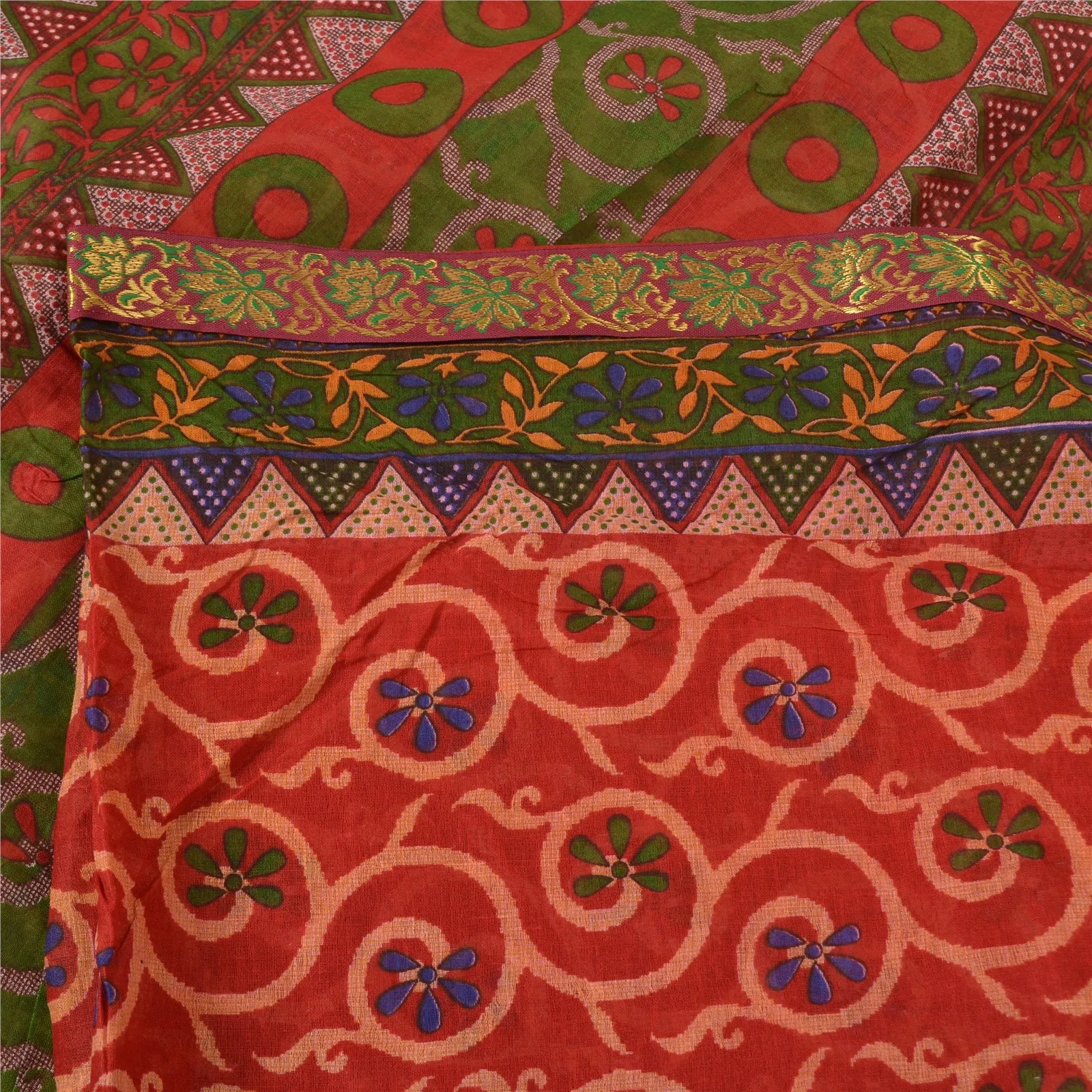 Sanskriti Vintage Sarees Indian Red Pure Cotton Printed Sari 5YD Craft Fabric