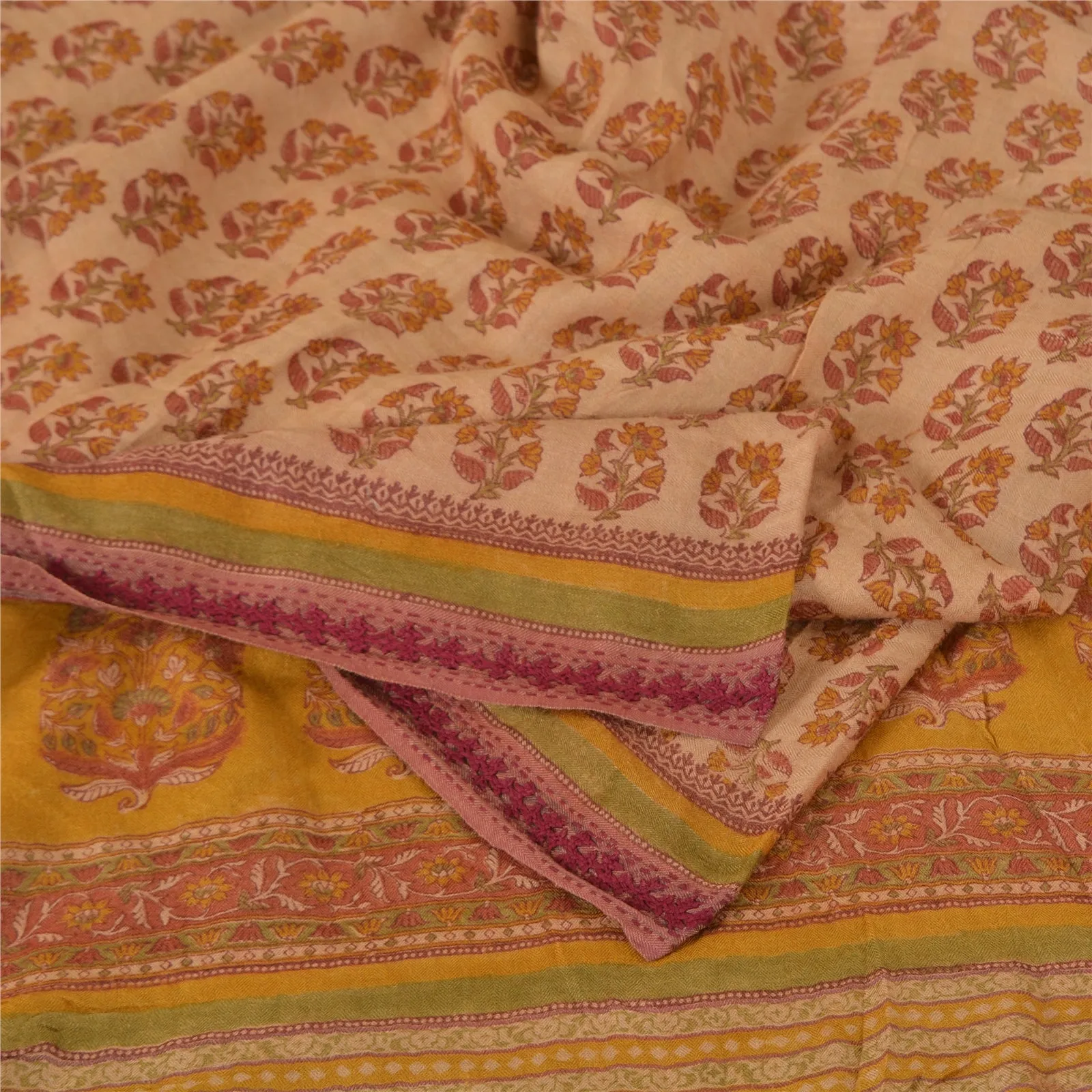 Sanskriti Vintage Sarees Light Brown Pure Woolen Printed Sari 5yd Craft Fabric