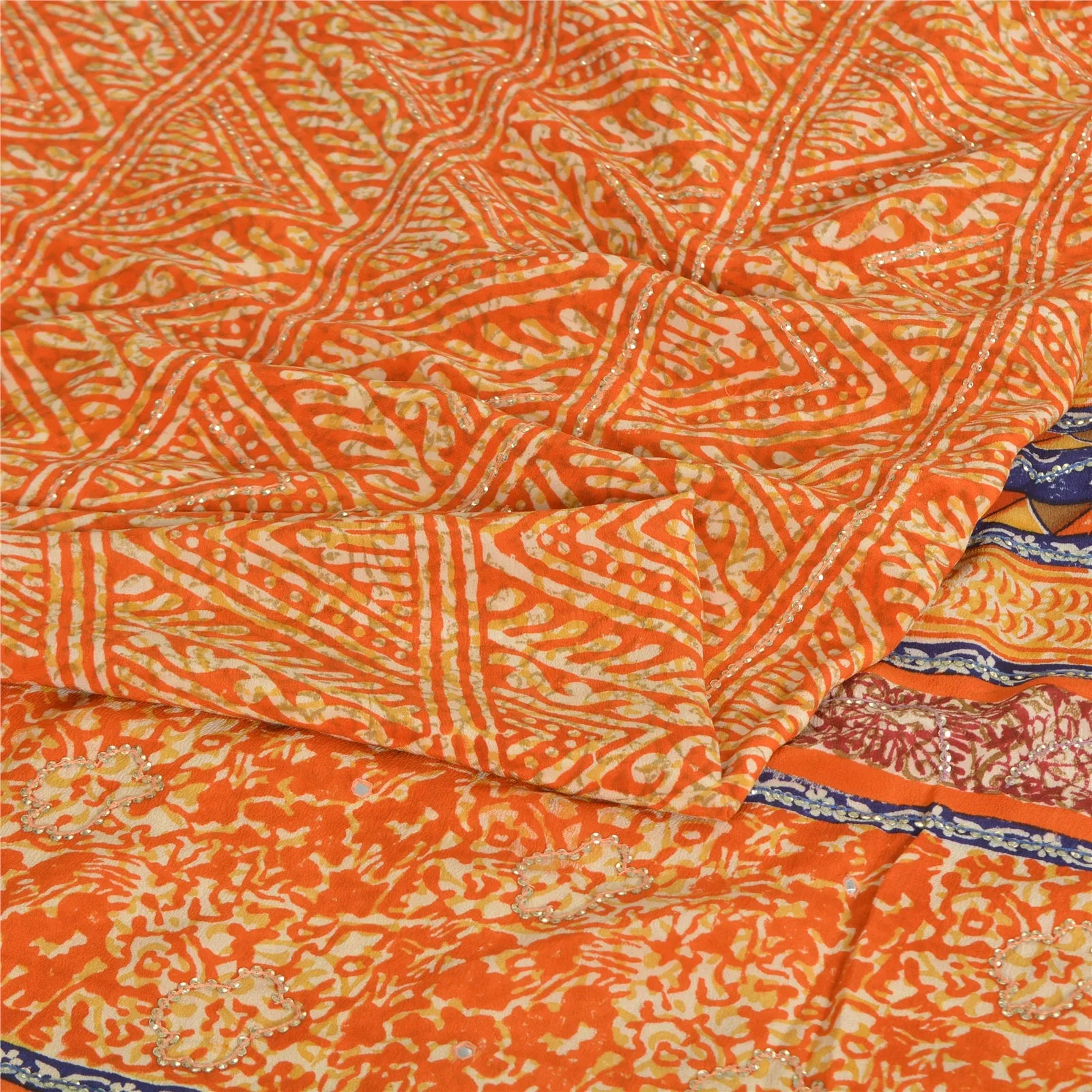 Sanskriti Vintage Sarees Orange Pure Crepe Silk Printed Sari 5yd Craft Fabric