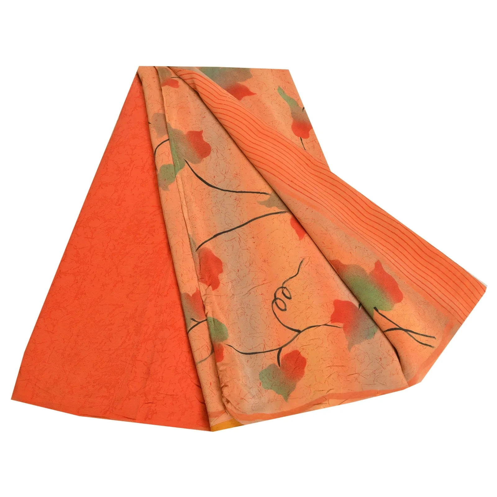 Sanskriti Vintage Sarees Peach/Orange Pure Crepe Silk Printed Sari Craft Fabric