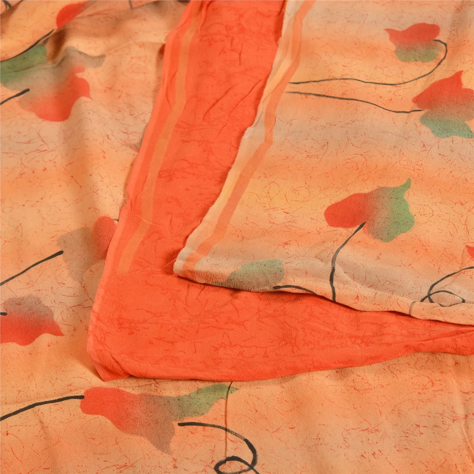 Sanskriti Vintage Sarees Peach/Orange Pure Crepe Silk Printed Sari Craft Fabric