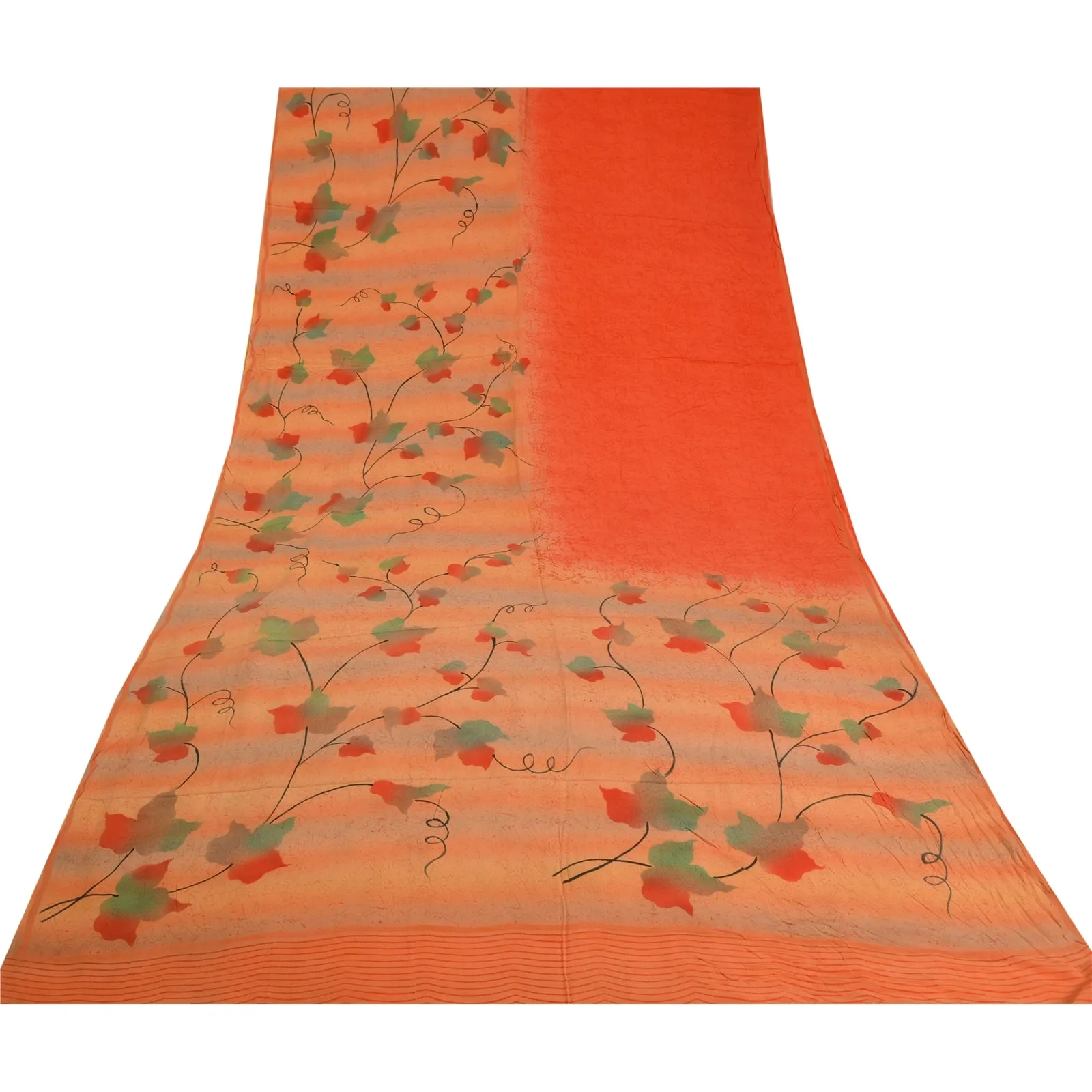 Sanskriti Vintage Sarees Peach/Orange Pure Crepe Silk Printed Sari Craft Fabric