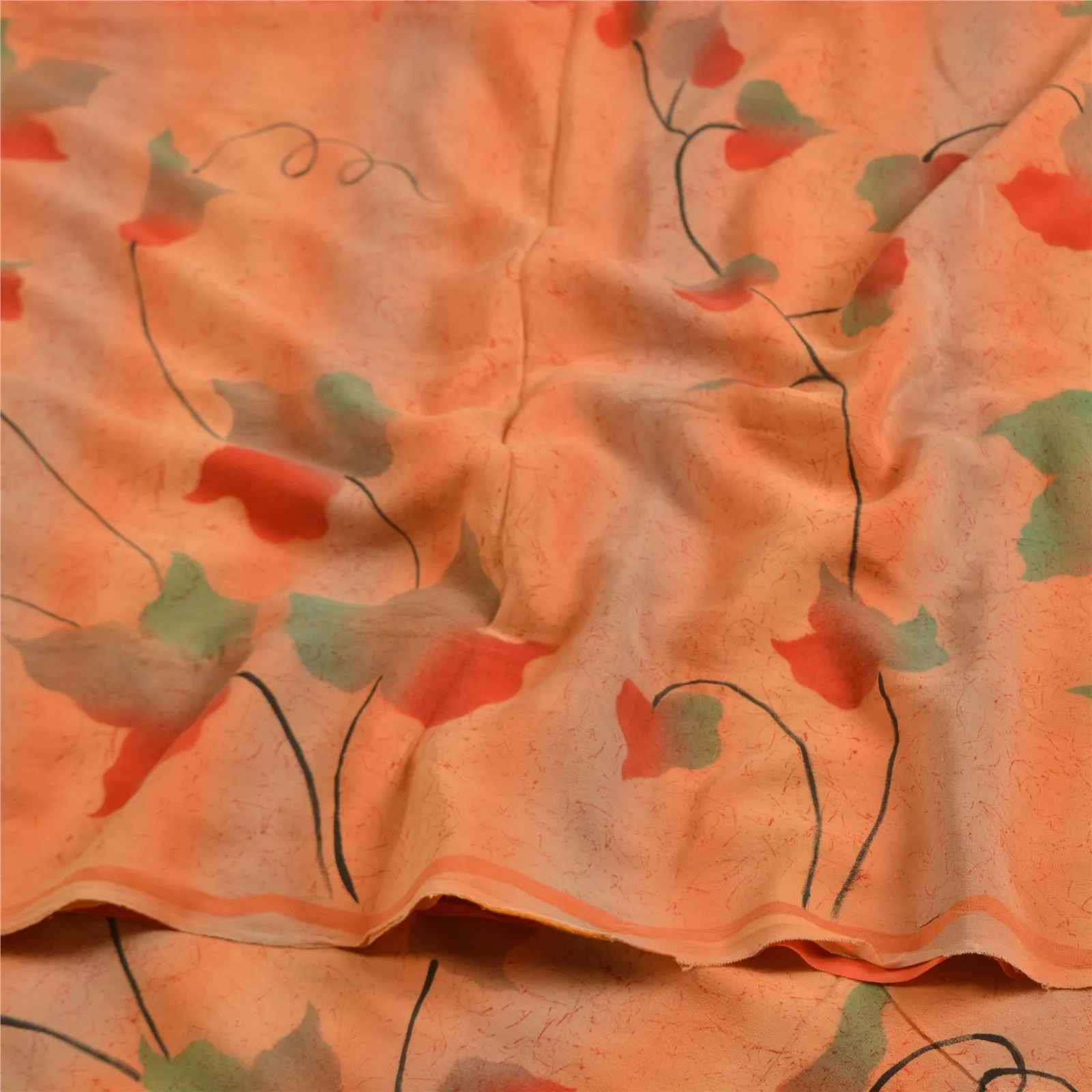 Sanskriti Vintage Sarees Peach/Orange Pure Crepe Silk Printed Sari Craft Fabric