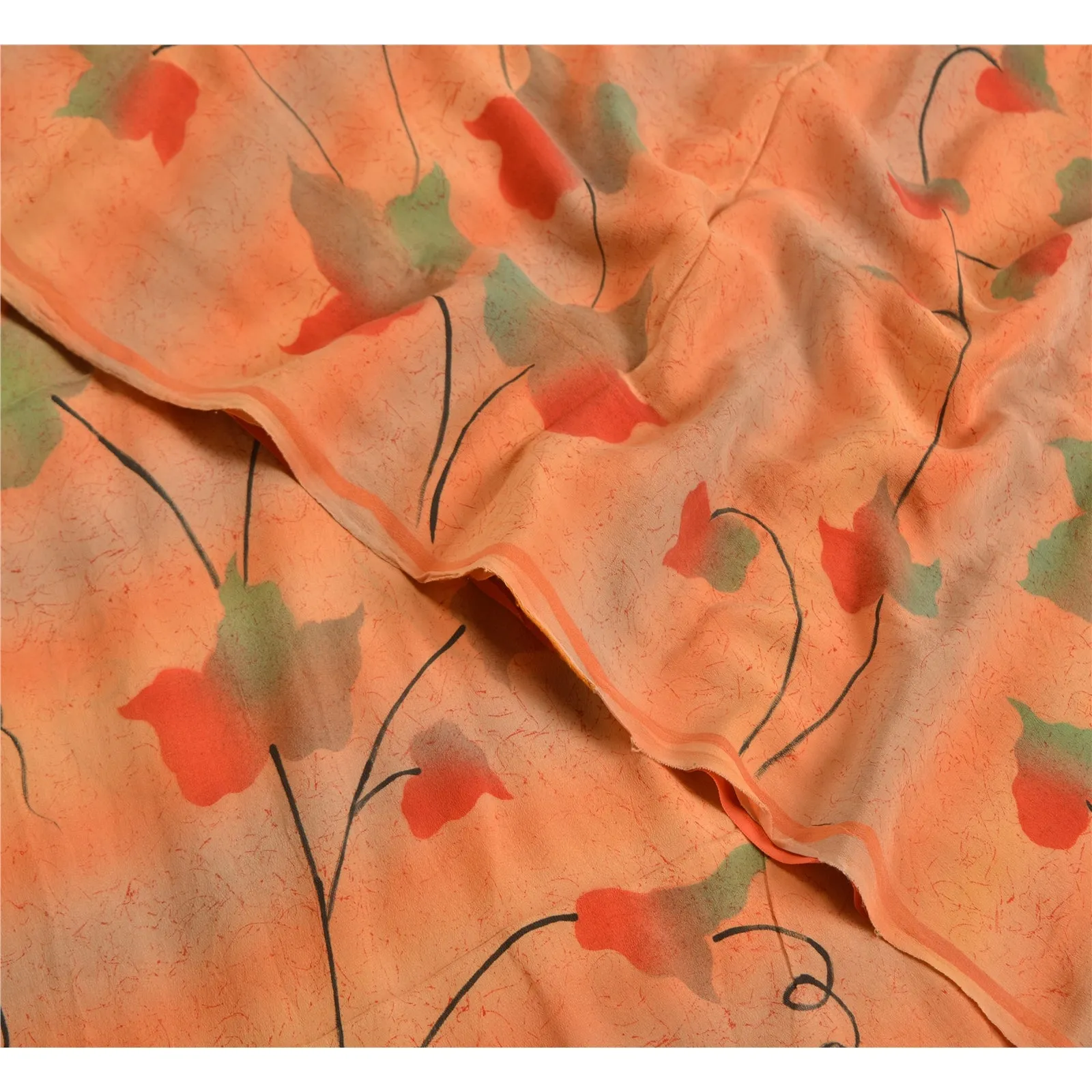 Sanskriti Vintage Sarees Peach/Orange Pure Crepe Silk Printed Sari Craft Fabric