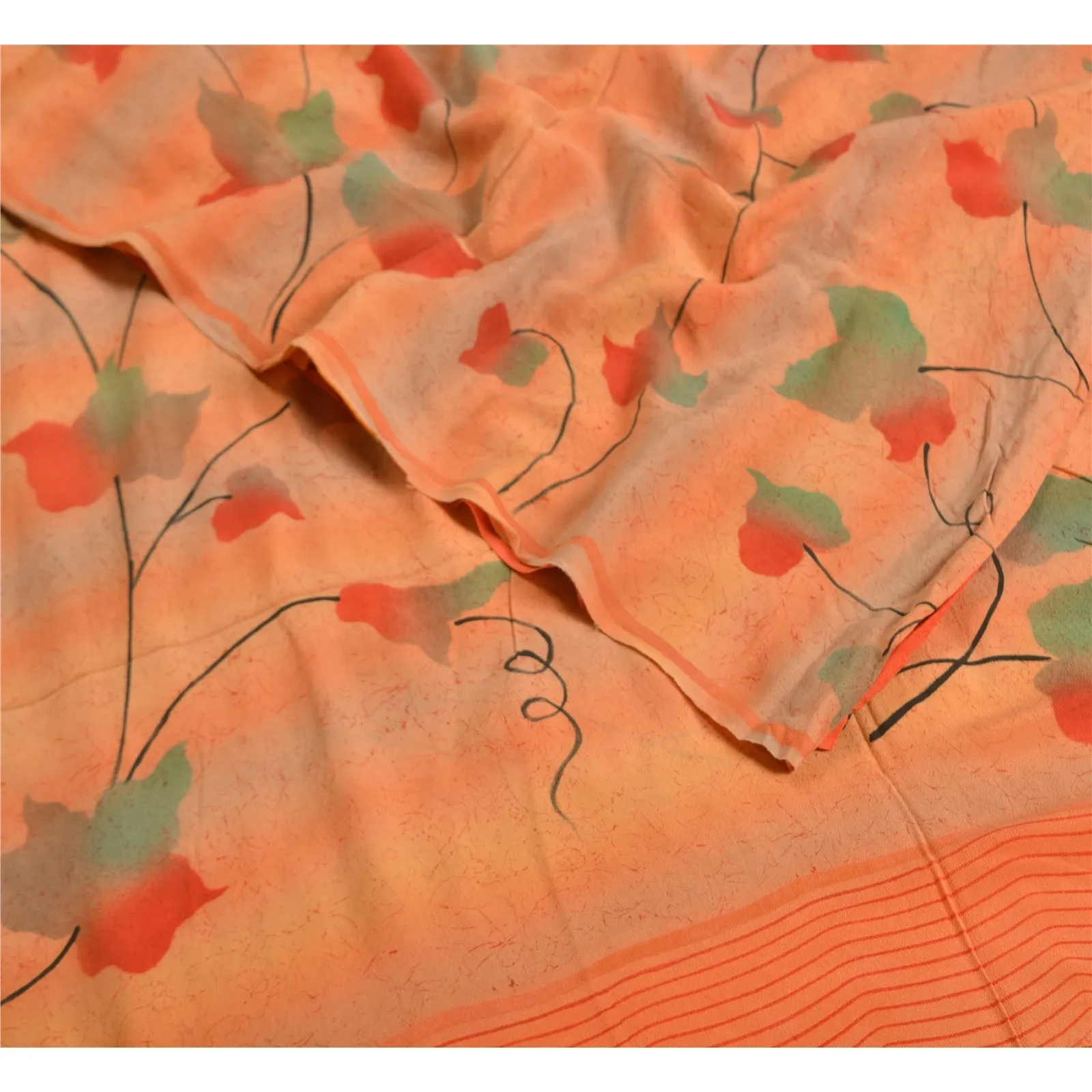 Sanskriti Vintage Sarees Peach/Orange Pure Crepe Silk Printed Sari Craft Fabric