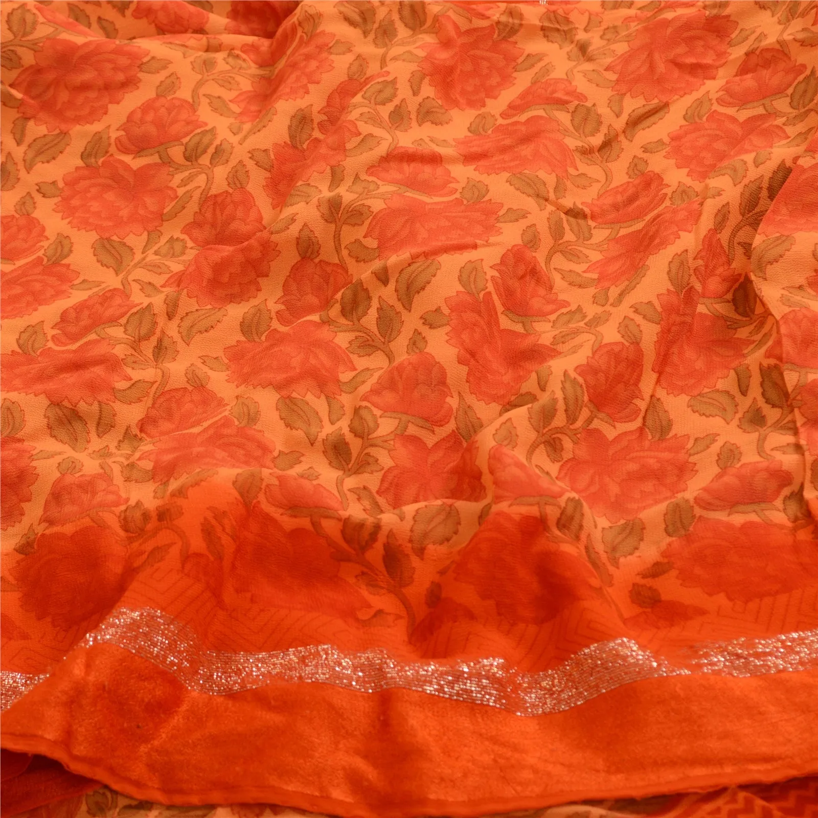 Sanskriti Vintage Sarees Peach/Red Blend Georgette Printed Sari 5yd Craft Fabric