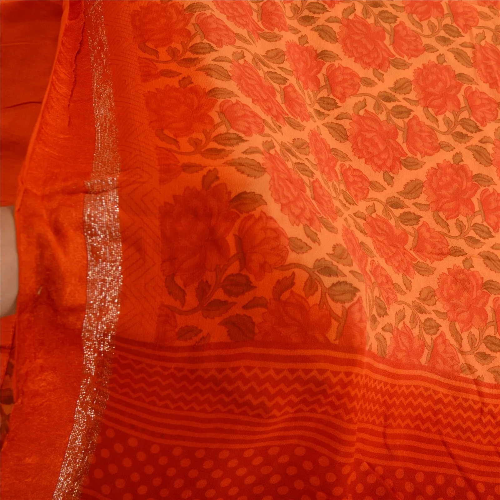 Sanskriti Vintage Sarees Peach/Red Blend Georgette Printed Sari 5yd Craft Fabric