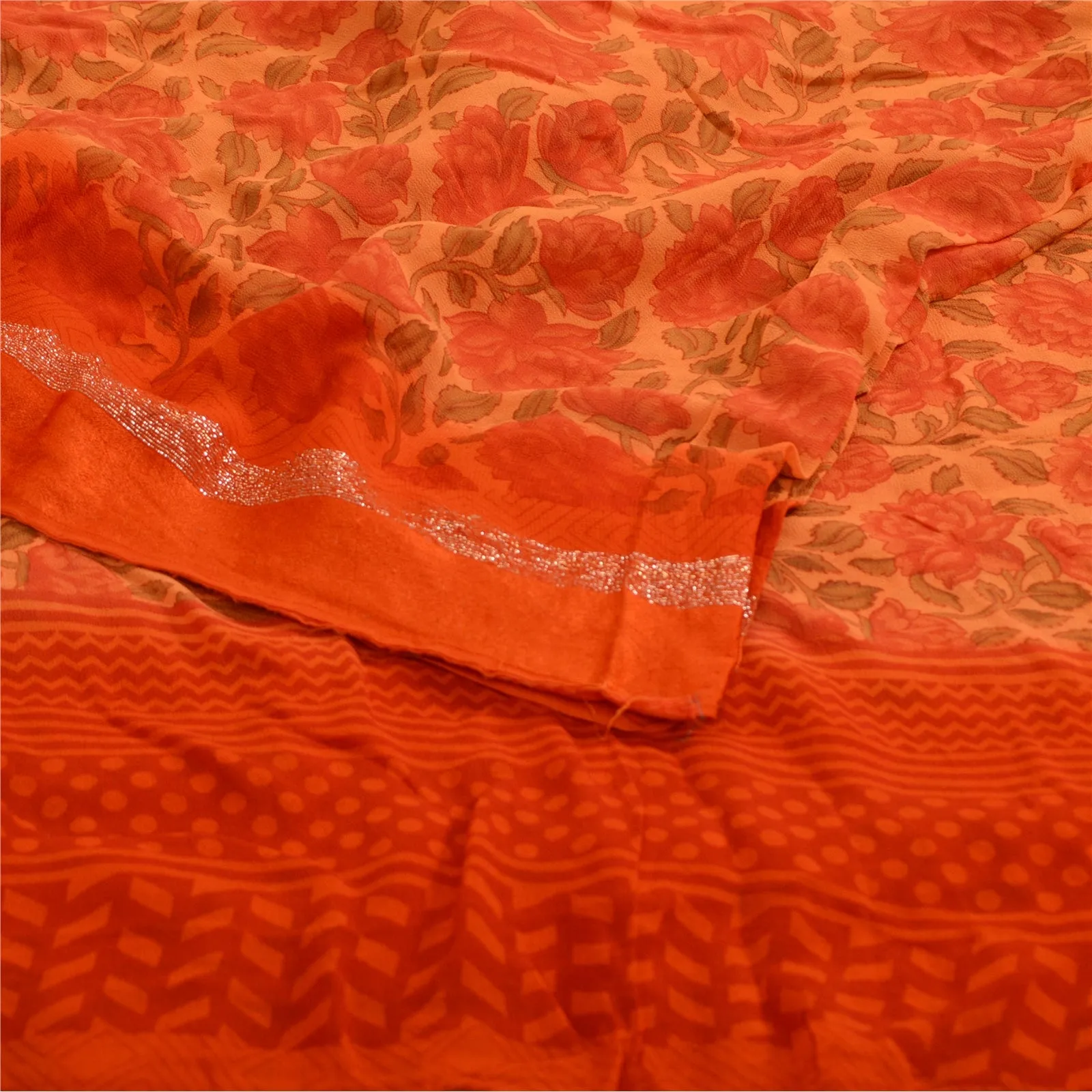 Sanskriti Vintage Sarees Peach/Red Blend Georgette Printed Sari 5yd Craft Fabric