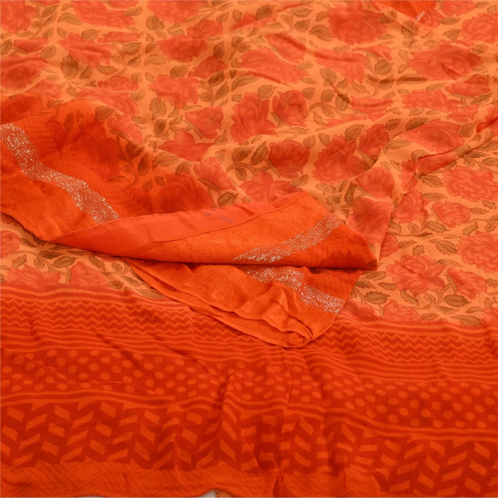 Sanskriti Vintage Sarees Peach/Red Blend Georgette Printed Sari 5yd Craft Fabric