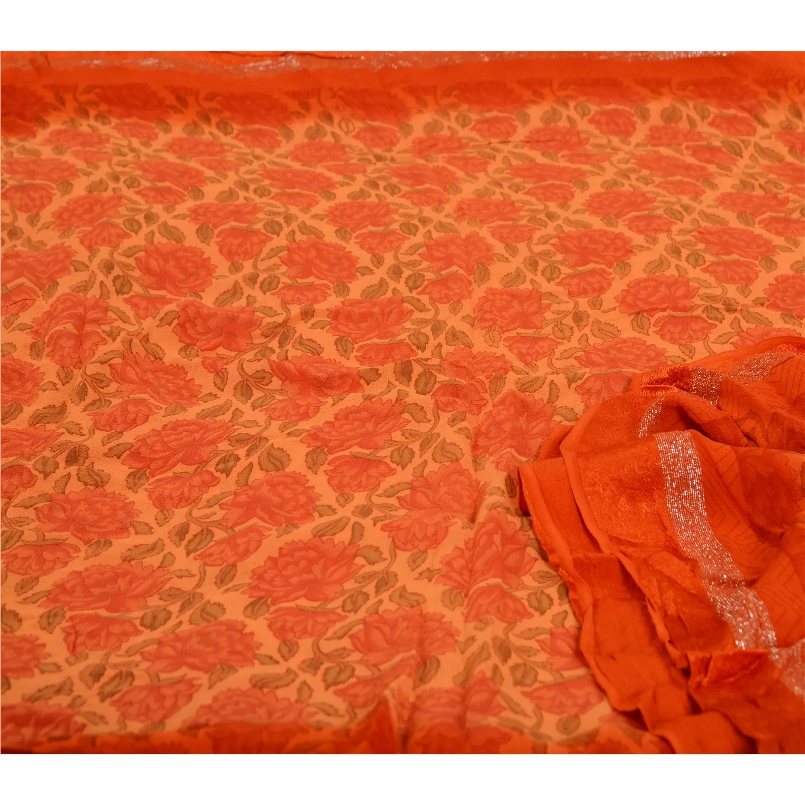 Sanskriti Vintage Sarees Peach/Red Blend Georgette Printed Sari 5yd Craft Fabric