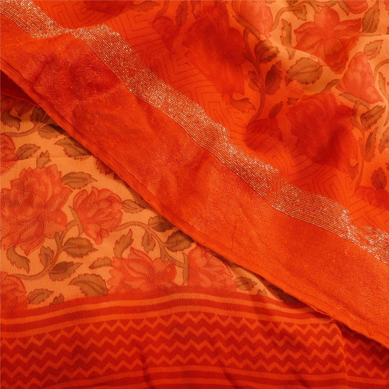 Sanskriti Vintage Sarees Peach/Red Blend Georgette Printed Sari 5yd Craft Fabric