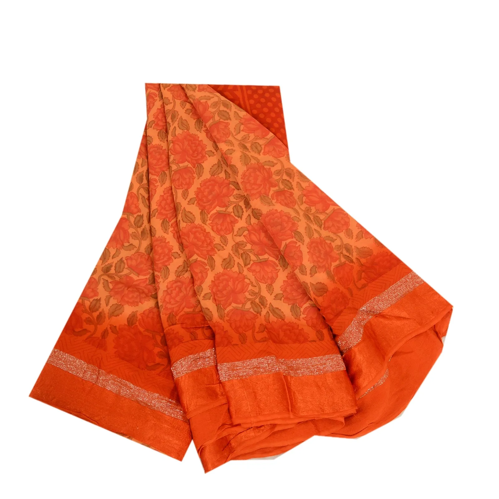 Sanskriti Vintage Sarees Peach/Red Blend Georgette Printed Sari 5yd Craft Fabric