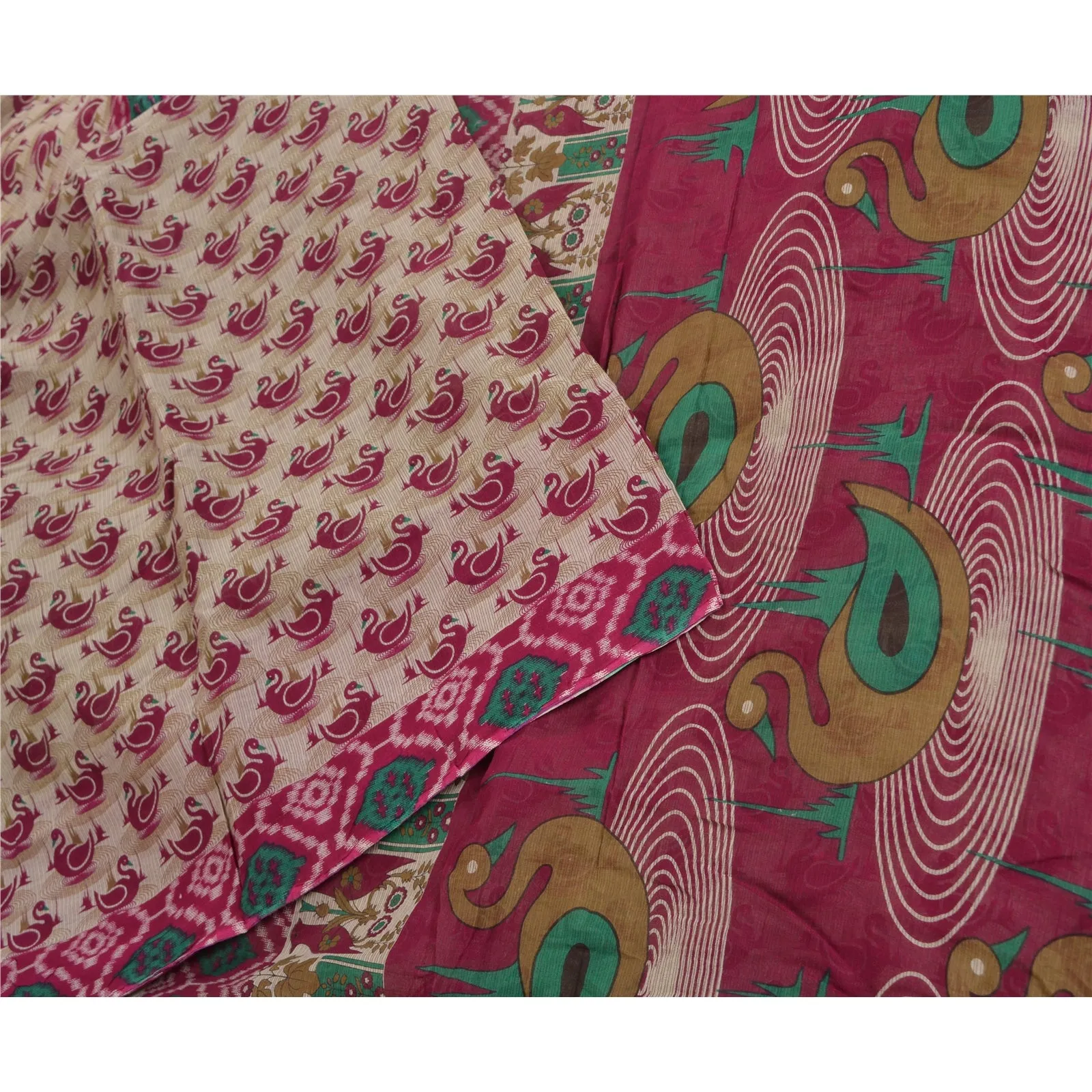 Sanskriti Vintage Sarees Purple/Cream Printed Pure Cotton Sari Soft Craft Fabric