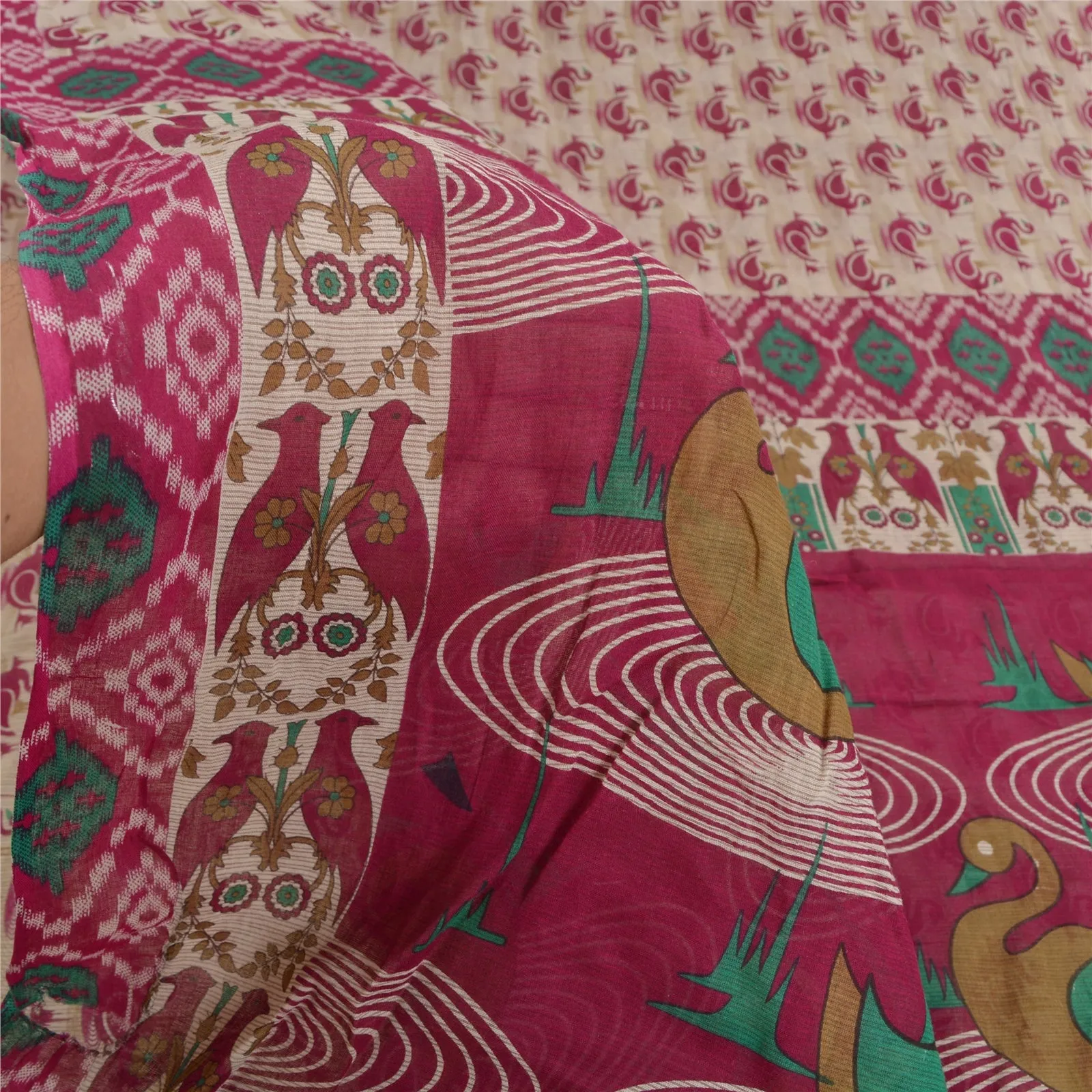 Sanskriti Vintage Sarees Purple/Cream Printed Pure Cotton Sari Soft Craft Fabric