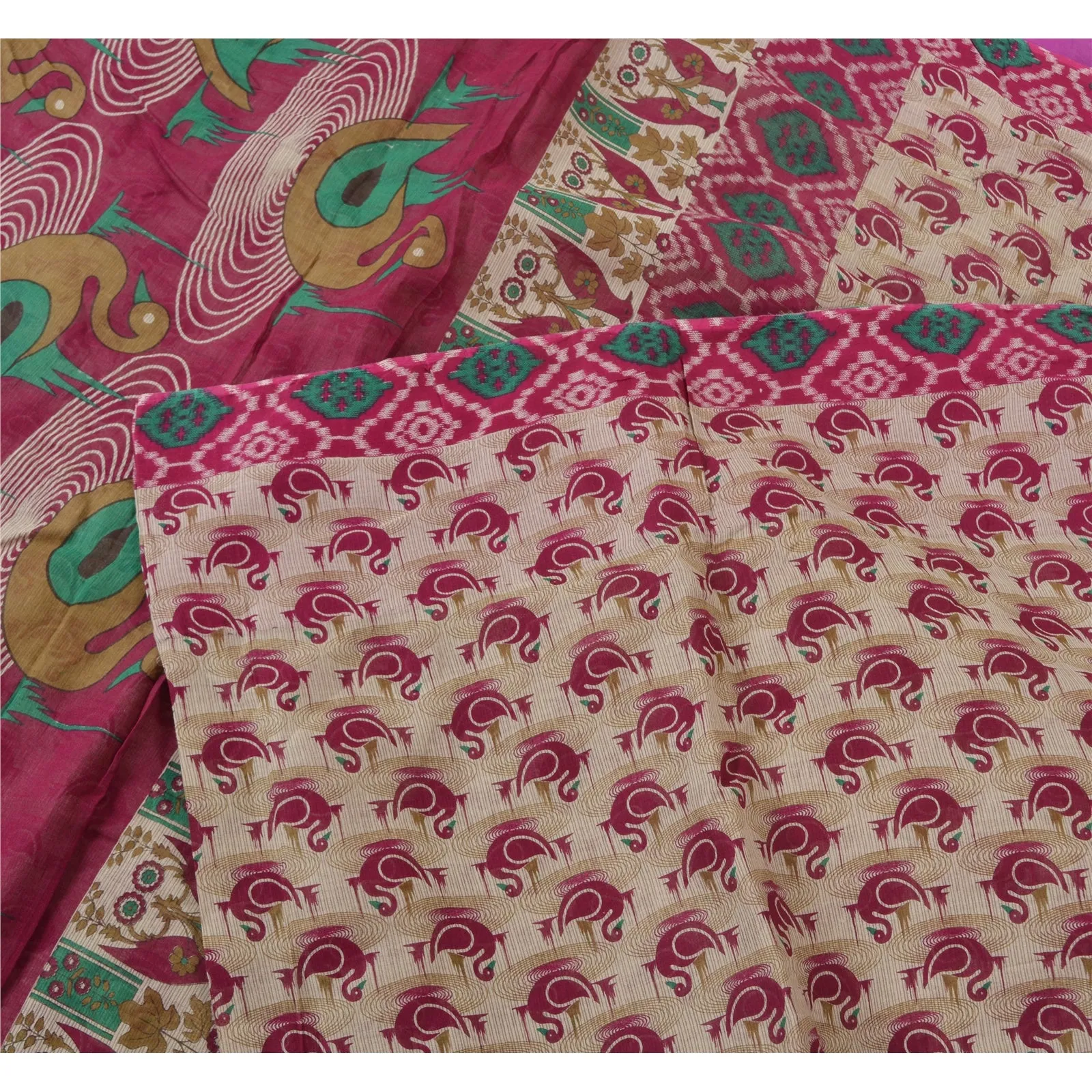 Sanskriti Vintage Sarees Purple/Cream Printed Pure Cotton Sari Soft Craft Fabric