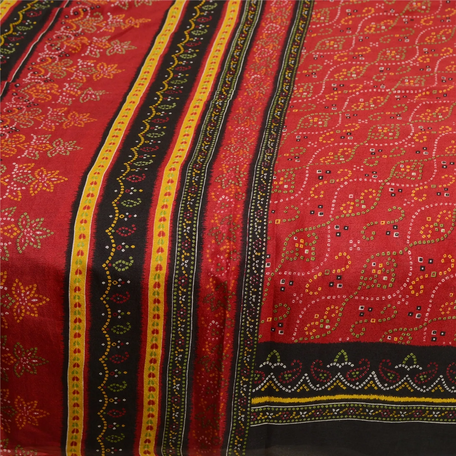 Sanskriti Vintage Sarees Red Bandhani Printed Pure Silk Sari Floral Craft Fabric