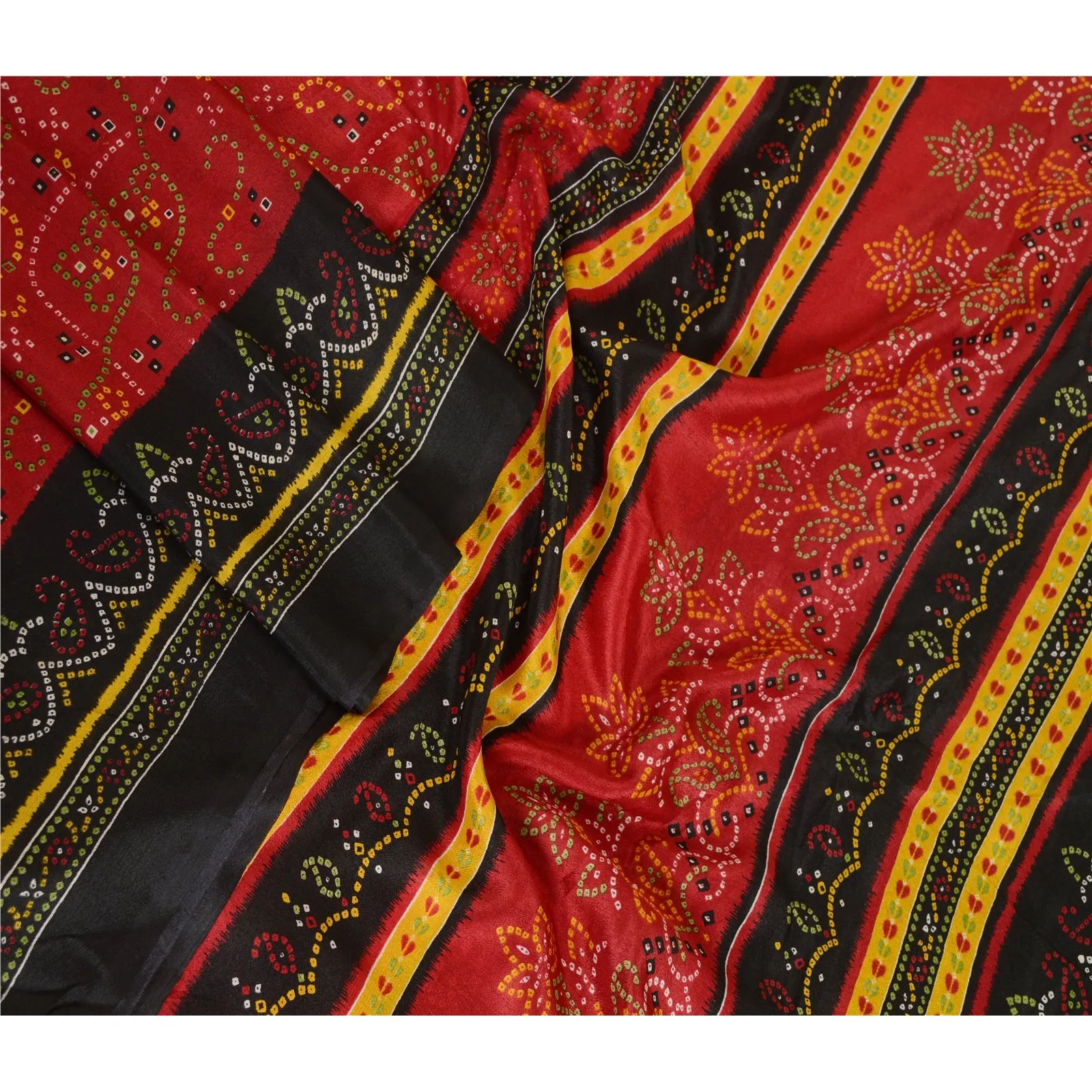 Sanskriti Vintage Sarees Red Bandhani Printed Pure Silk Sari Floral Craft Fabric