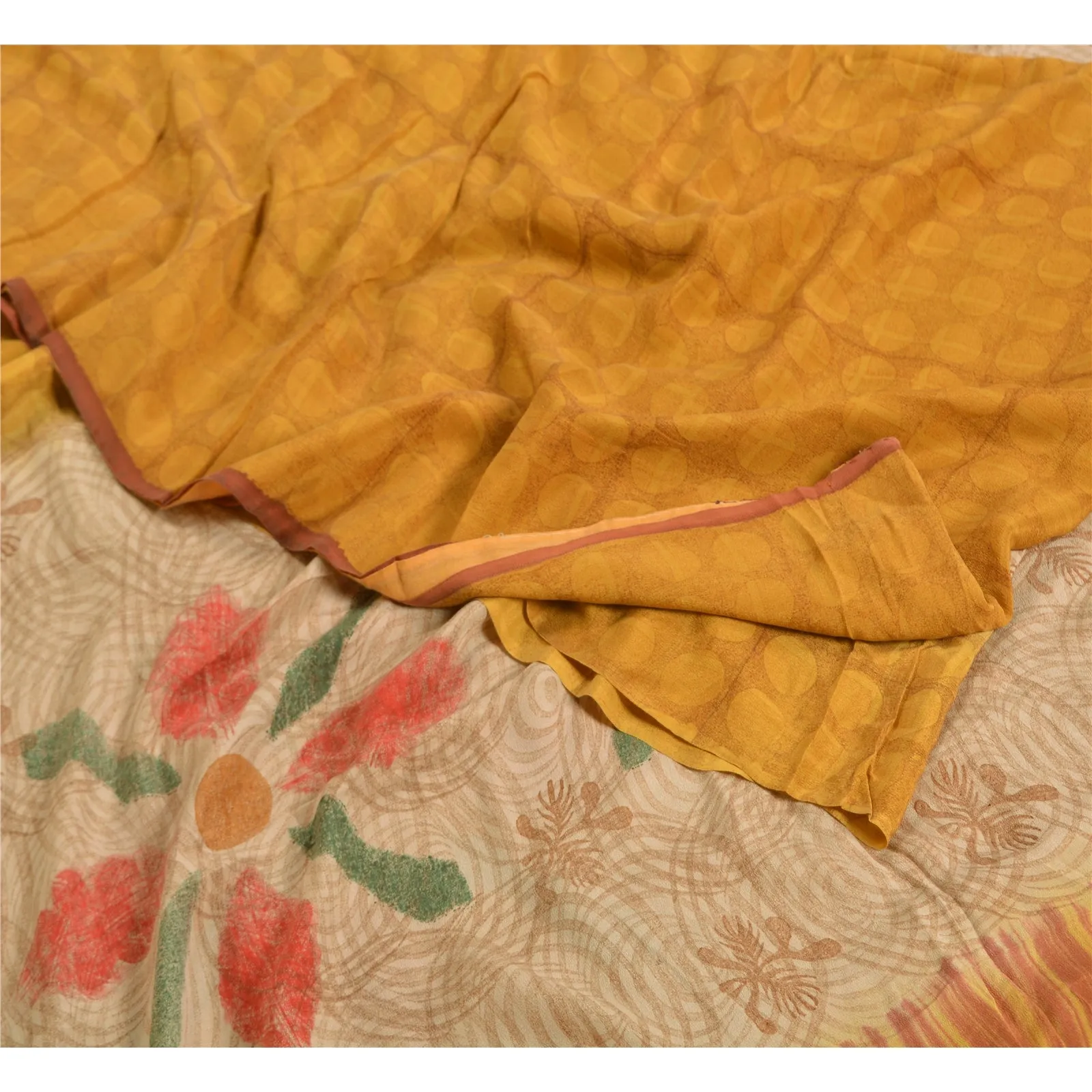 Sanskriti Vintage Sarees Saffron/Cream Pure Crepe Silk Printed Sari Craft Fabric