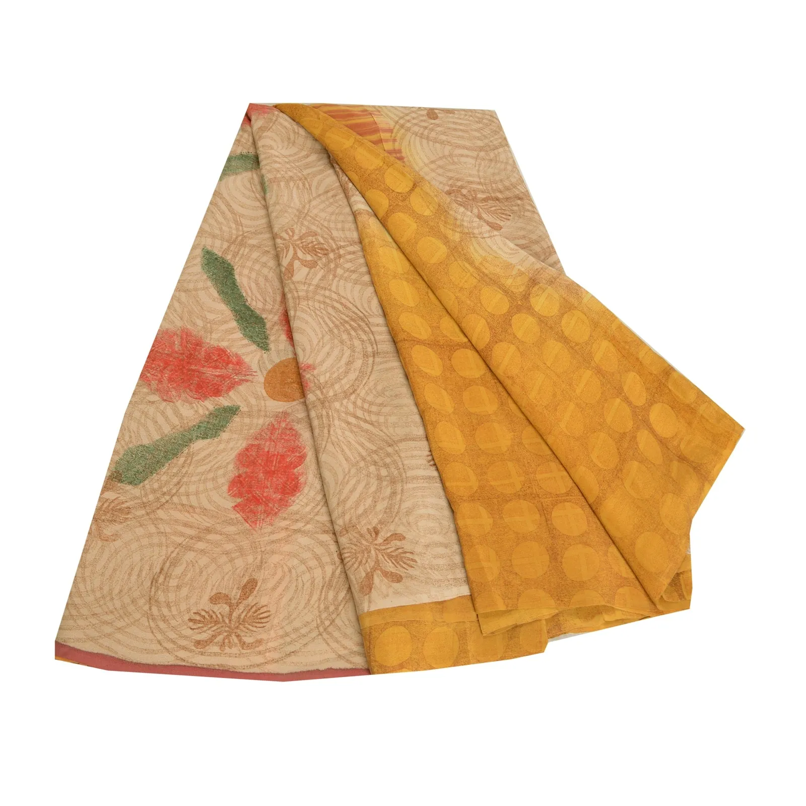 Sanskriti Vintage Sarees Saffron/Cream Pure Crepe Silk Printed Sari Craft Fabric