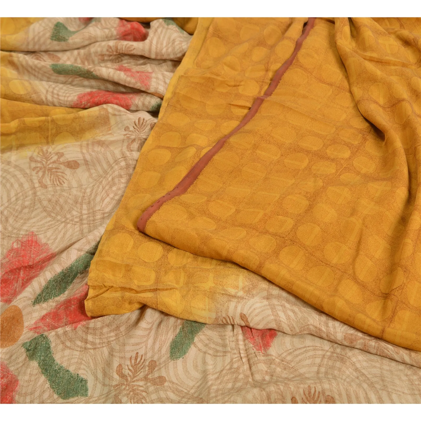 Sanskriti Vintage Sarees Saffron/Cream Pure Crepe Silk Printed Sari Craft Fabric