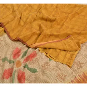 Sanskriti Vintage Sarees Saffron/Cream Pure Crepe Silk Printed Sari Craft Fabric