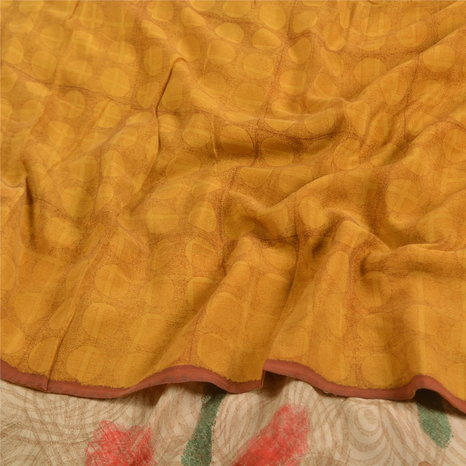 Sanskriti Vintage Sarees Saffron/Cream Pure Crepe Silk Printed Sari Craft Fabric